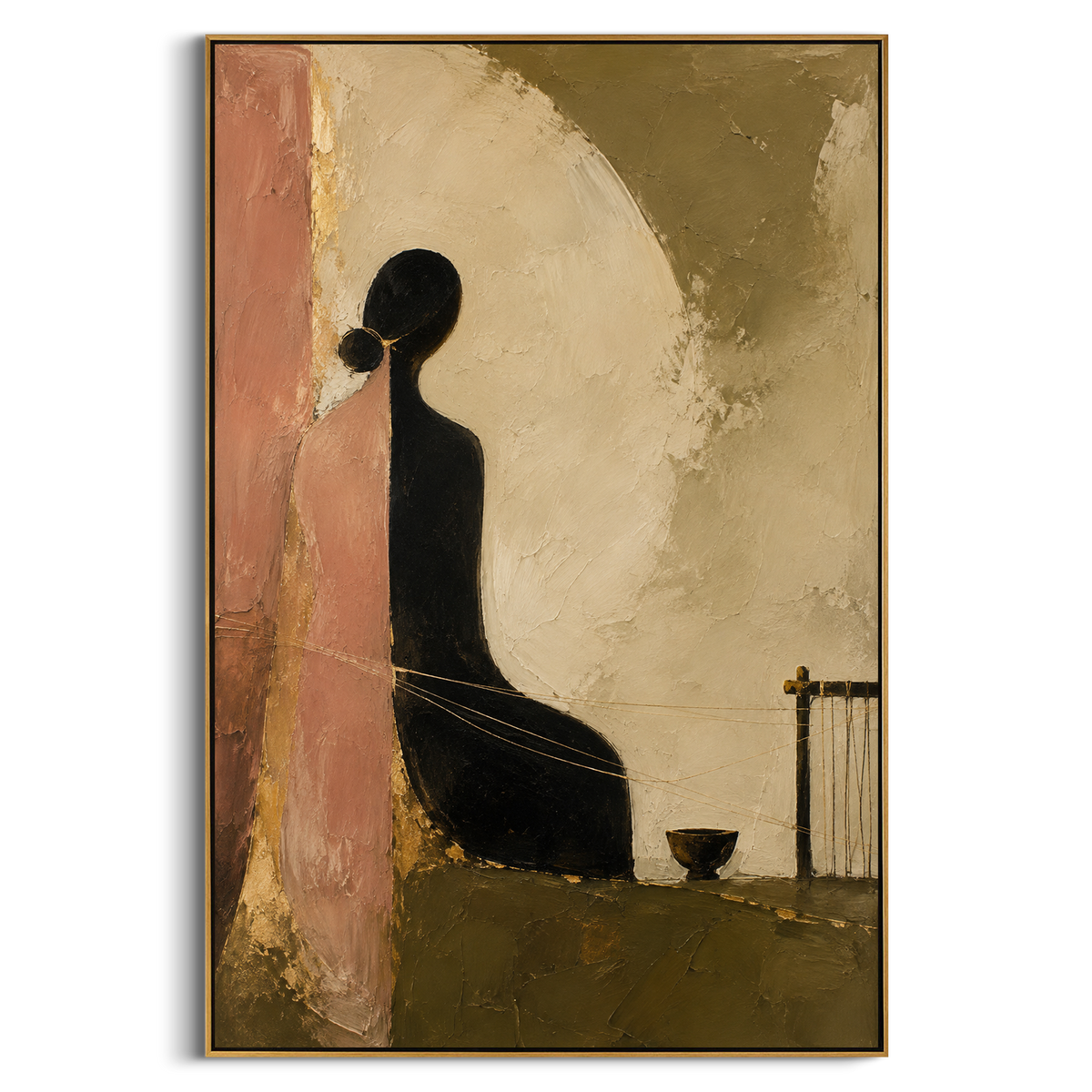 "Odysseus Bard In The Hall" shows a dark seated figure beside a small instrument and architectural fragments, recalling the songs heard in Odysseus house before the final recognition. The figure seems to listen before singing, holding the voyage as memory rather than action. Green, pink and black impasto creates intimate theatrical contrast, as if the hall itself has absorbed years of absence. This vertical work suits music rooms, studies and boutique interiors, blending bardic storytelling with