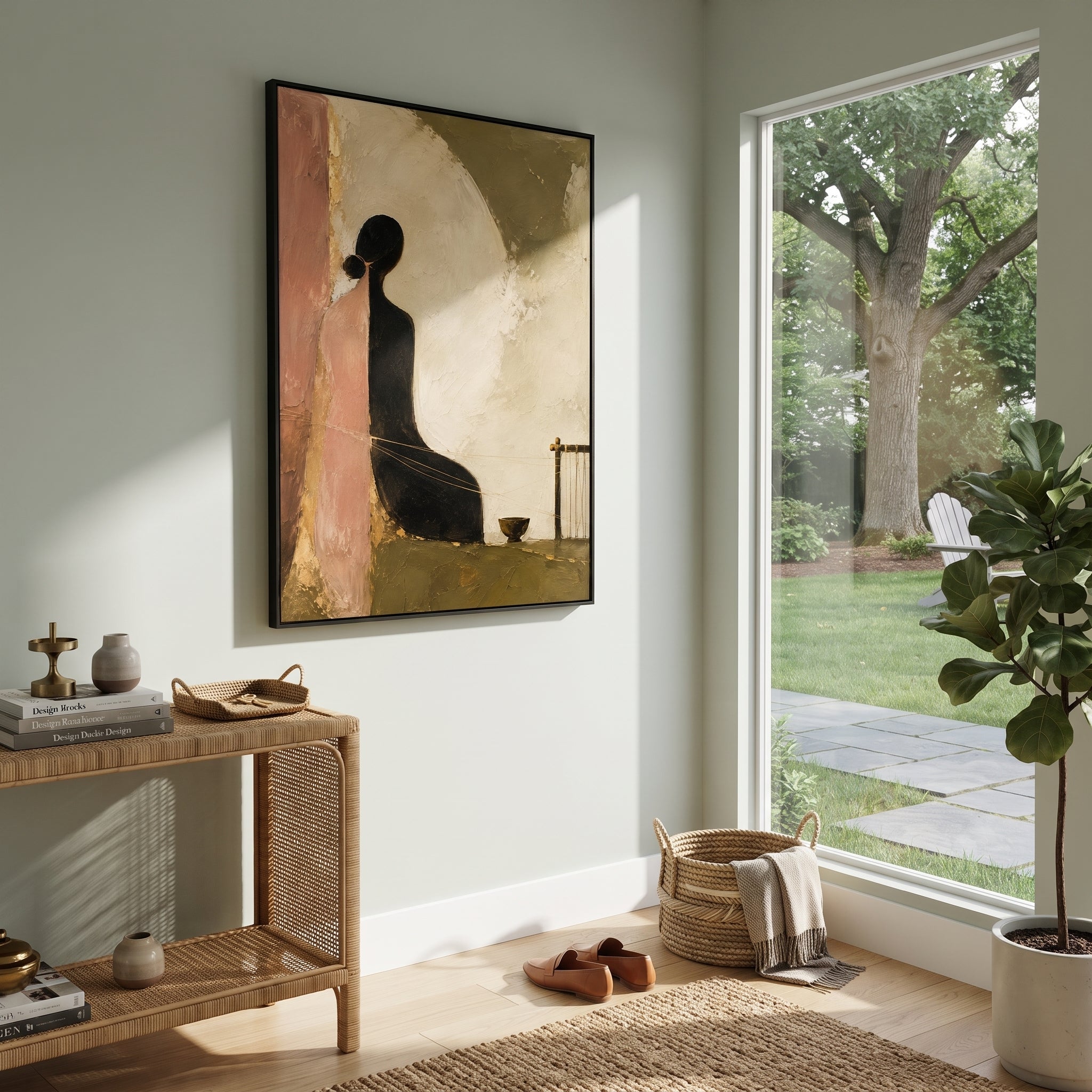 "Odysseus Bard In The Hall" shows a dark seated figure beside a small instrument and architectural fragments, recalling the songs heard in Odysseus house before the final recognition. The figure seems to listen before singing, holding the voyage as memory rather than action. Green, pink and black impasto creates intimate theatrical contrast, as if the hall itself has absorbed years of absence. This vertical work suits music rooms, studies and boutique interiors, blending bardic storytelling with