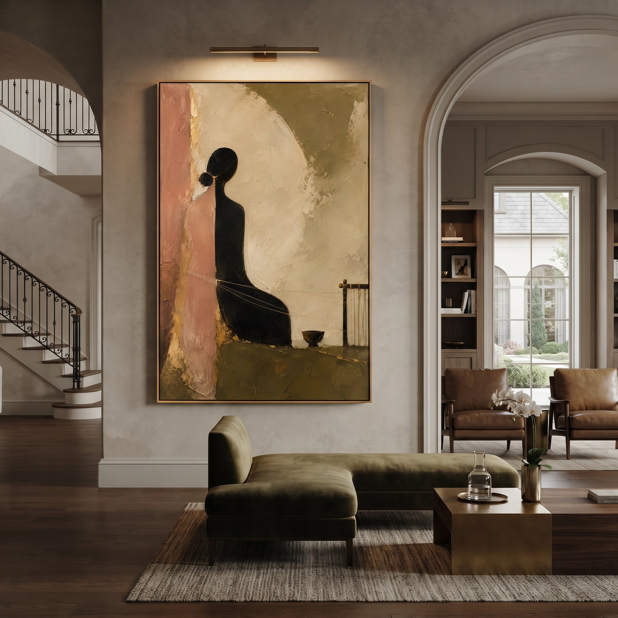 "Odysseus Bard In The Hall" shows a dark seated figure beside a small instrument and architectural fragments, recalling the songs heard in Odysseus house before the final recognition. The figure seems to listen before singing, holding the voyage as memory rather than action. Green, pink and black impasto creates intimate theatrical contrast, as if the hall itself has absorbed years of absence. This vertical work suits music rooms, studies and boutique interiors, blending bardic storytelling with