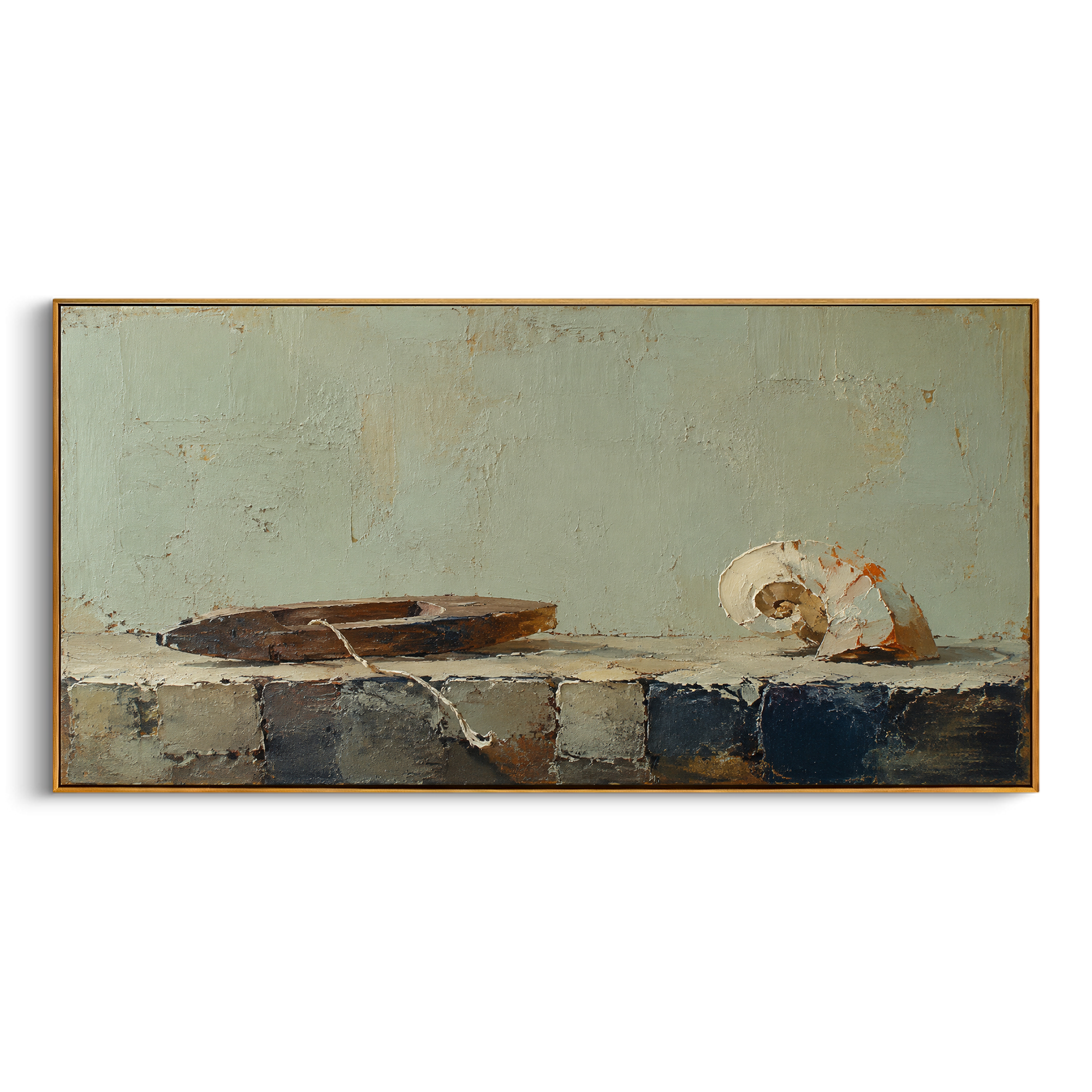 "Ithaca Shore Relics" rests a small boat form and pale shells along a quiet ledge, shifting the Odyssey from storm and battle to the objects left after arrival. The seafaring relics suggest wood, shell, salt and the hush of a harbor once the traveler has stepped away. Brown, green and grey impasto gives the still life a weathered coastal surface. This panoramic canvas works above sofas, consoles and dining furniture, bringing refined homecoming symbolism to wabi-sabi Mediterranean interiors.