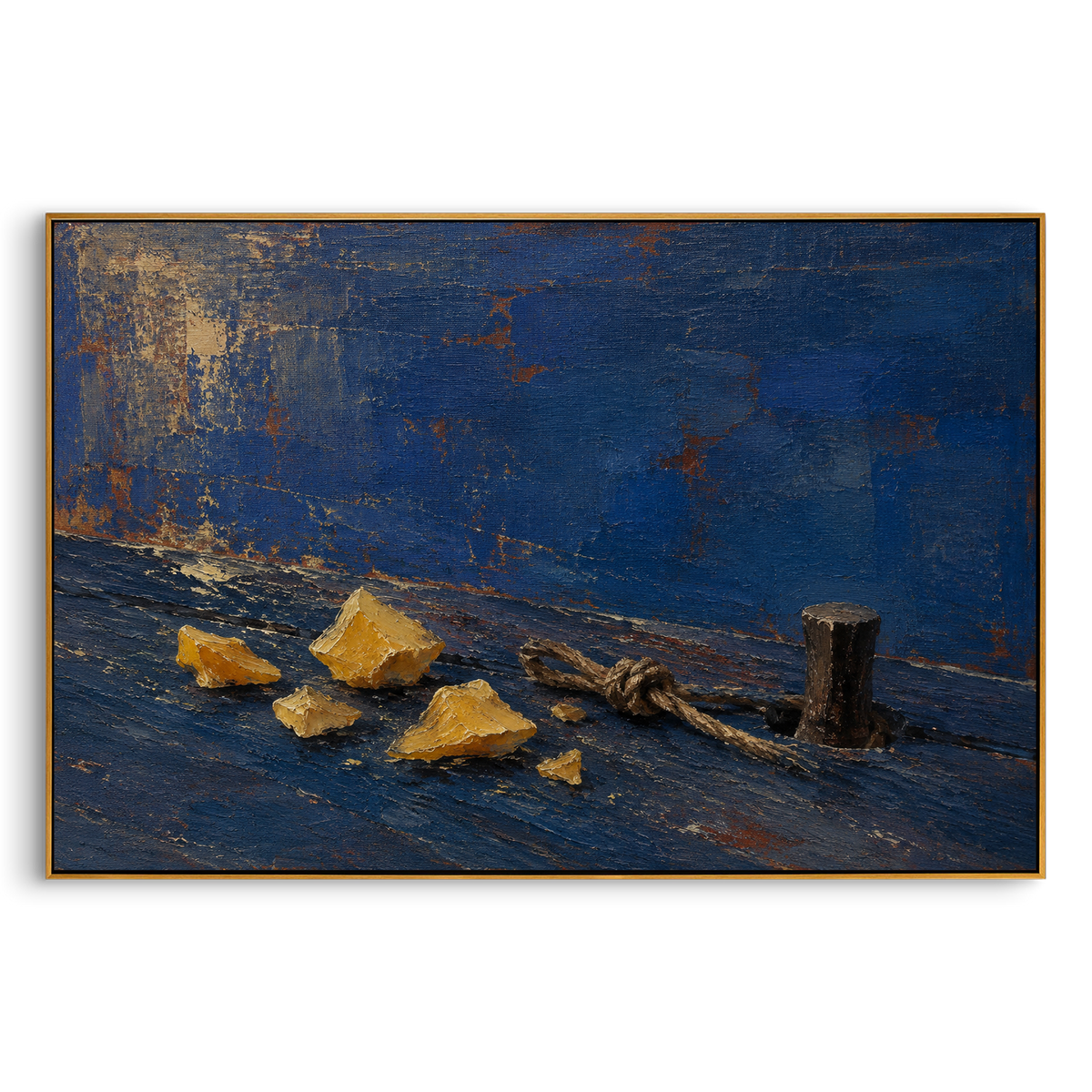 "Poseidon Harbor Relics" places rope, golden fragments and a dark post on a deep blue dock-like ground, suggesting the aftermath of a sea trial when only traces remain on shore. The blue field feels ruled by Poseidon, while the scattered objects mark survival, wreckage and offering. Heavy blue, gold and brown impasto creates a rich nautical surface full of salt and shadow. This horizontal canvas suits lounges, offices and coastal interiors, blending Odyssey storm memory with sculptural