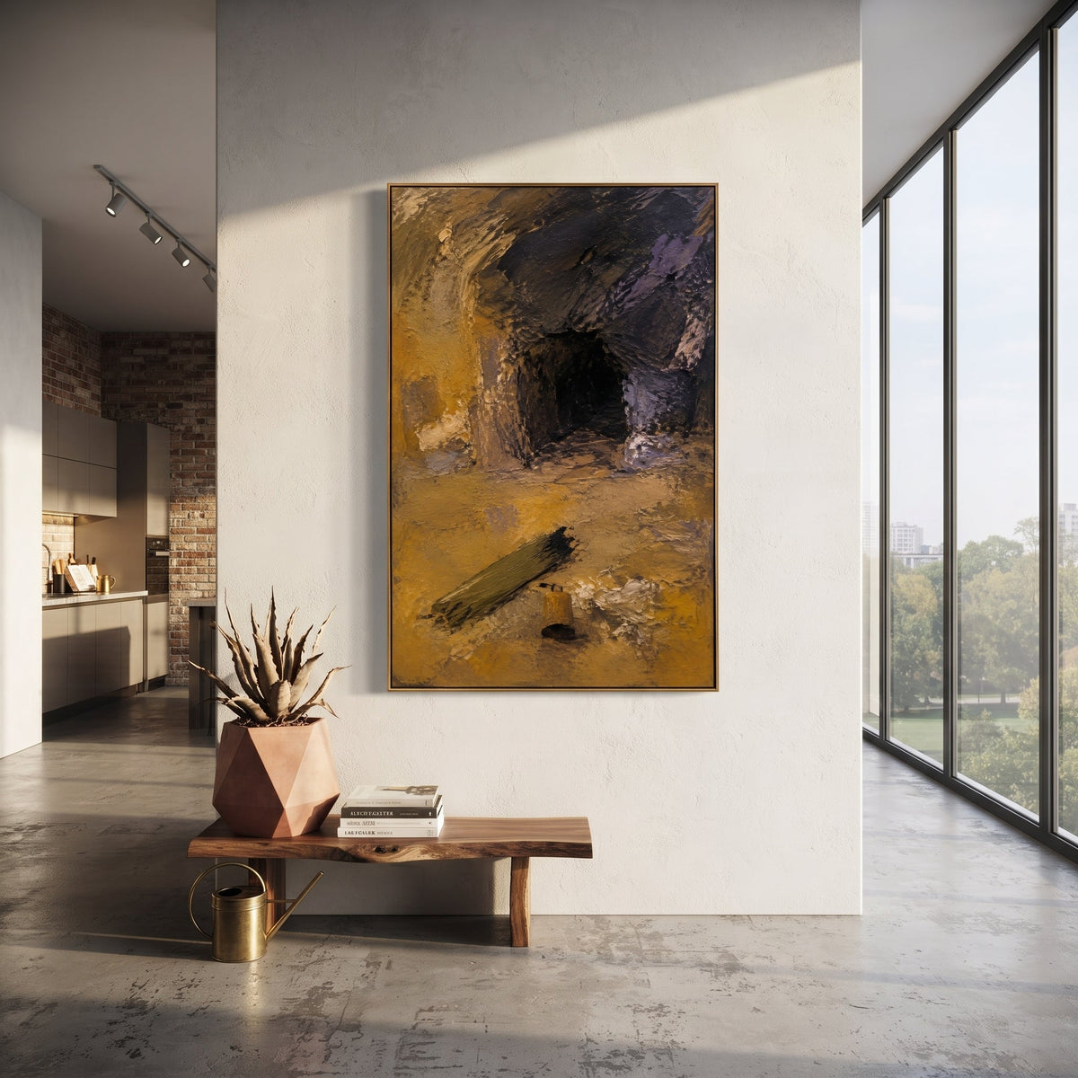 "Calypso Cave Odyssey" opens into a dark cave surrounded by golden earth and purple-black shadow, recalling the island where Odysseus is held between comfort, longing and the command to return home. An oar-like mark leads toward the entrance, keeping the sea present even inside the cave. Thick gold, black and purple paint gives the vertical surface dramatic mythic weight. This canvas brings the tension of shelter and captivity to studies, entryways and moody Mediterranean interiors.