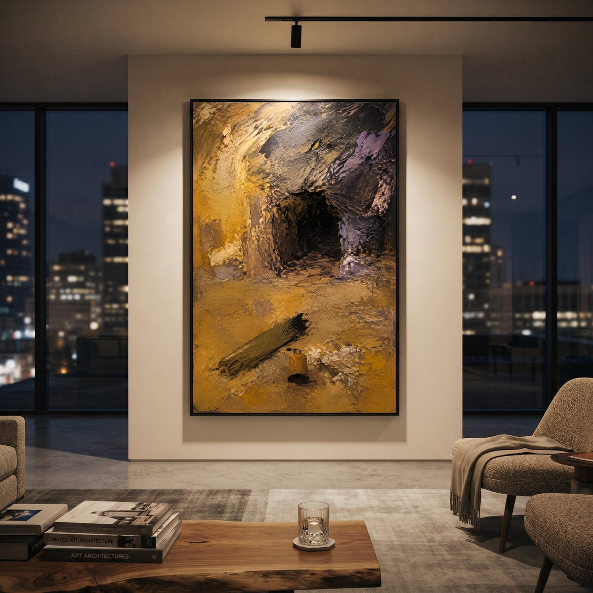 "Calypso Cave Odyssey" opens into a dark cave surrounded by golden earth and purple-black shadow, recalling the island where Odysseus is held between comfort, longing and the command to return home. An oar-like mark leads toward the entrance, keeping the sea present even inside the cave. Thick gold, black and purple paint gives the vertical surface dramatic mythic weight. This canvas brings the tension of shelter and captivity to studies, entryways and moody Mediterranean interiors.