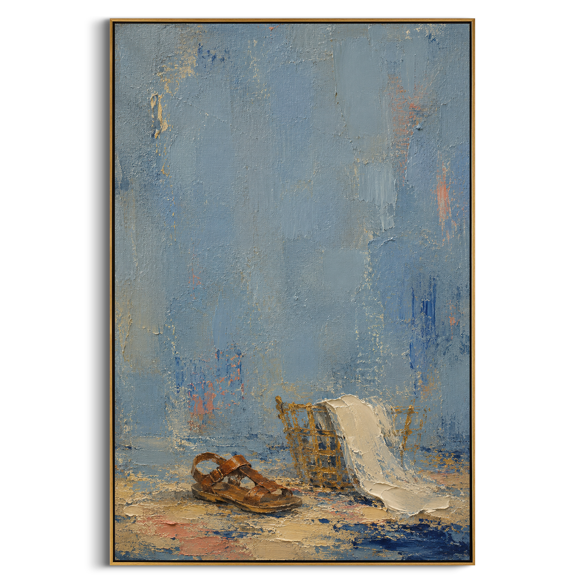 "Odysseus Homecoming Sandals" tells the story after the sea has finally quieted: brown sandals rest beneath a small rack of white cloth, as if the traveler has crossed the threshold of Ithaca and set down the dust of years. The pale blue wall feels washed by salt air, while the simple objects carry the human proof of return more gently than a heroic portrait could. Thick blue, white and brown palette-knife paint gives the scene soft sculptural depth. This vertical canvas brings calm Homeric