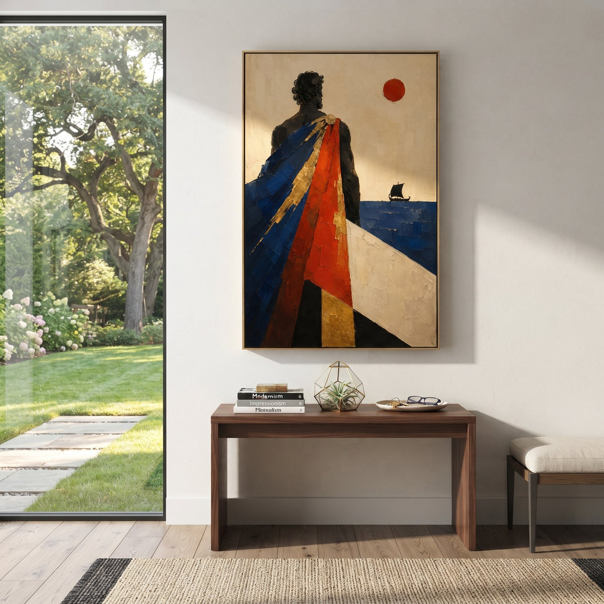 "Odysseus Watching The Black Sail" imagines the suspended moment between departure and homecoming: the hero is seen from behind, his red and deep blue cloak falling like divided loyalties, while a dark sail crosses the distant Aegean. The scene feels tied to Ithaca, war, memory, and the long pull of the sea rather than a single literal episode. Heavy palette-knife texture gives the robe, wall, and water a carved ceremonial presence, making the artwork a dramatic Odyssey statement for entryways