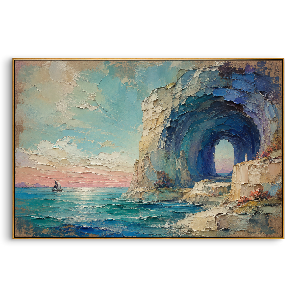 "Calypso Sea Cave Farewell" reimagines the island of Ogygia as a vast blue arch opening toward freedom. The tiny boat waits beyond the blue-green water while the white figure remains on the stone ledge, caught between shelter and release. The cave can be read as Calypso island, beautiful enough to delay the journey yet unable to stop the pull of Ithaca. Thick palette-knife layers in sky, cliff, flowers, and water give the scene a romantic coastal weight, ideal for living rooms, dining rooms