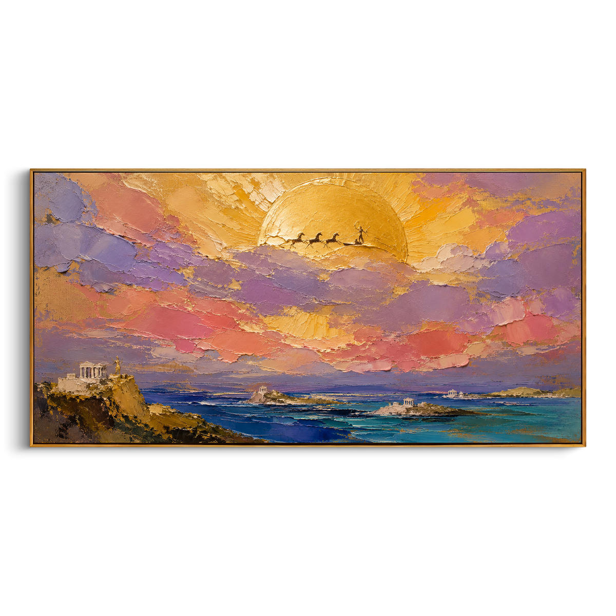 "Helios Chariot Over The Aegean" brings the divine sky of the Odyssey into a panoramic coastal vision. The sun is not just sunset; it becomes Helios crossing the heavens above scattered temples and blue water, a reminder of the sacred forces Odysseus cannot ignore. The small chariot silhouette gives the glowing sky a mythic center, while the island architecture below anchors the scene in Greek memory. Layered impasto clouds and shimmering sea color make this wide artwork a powerful focal point