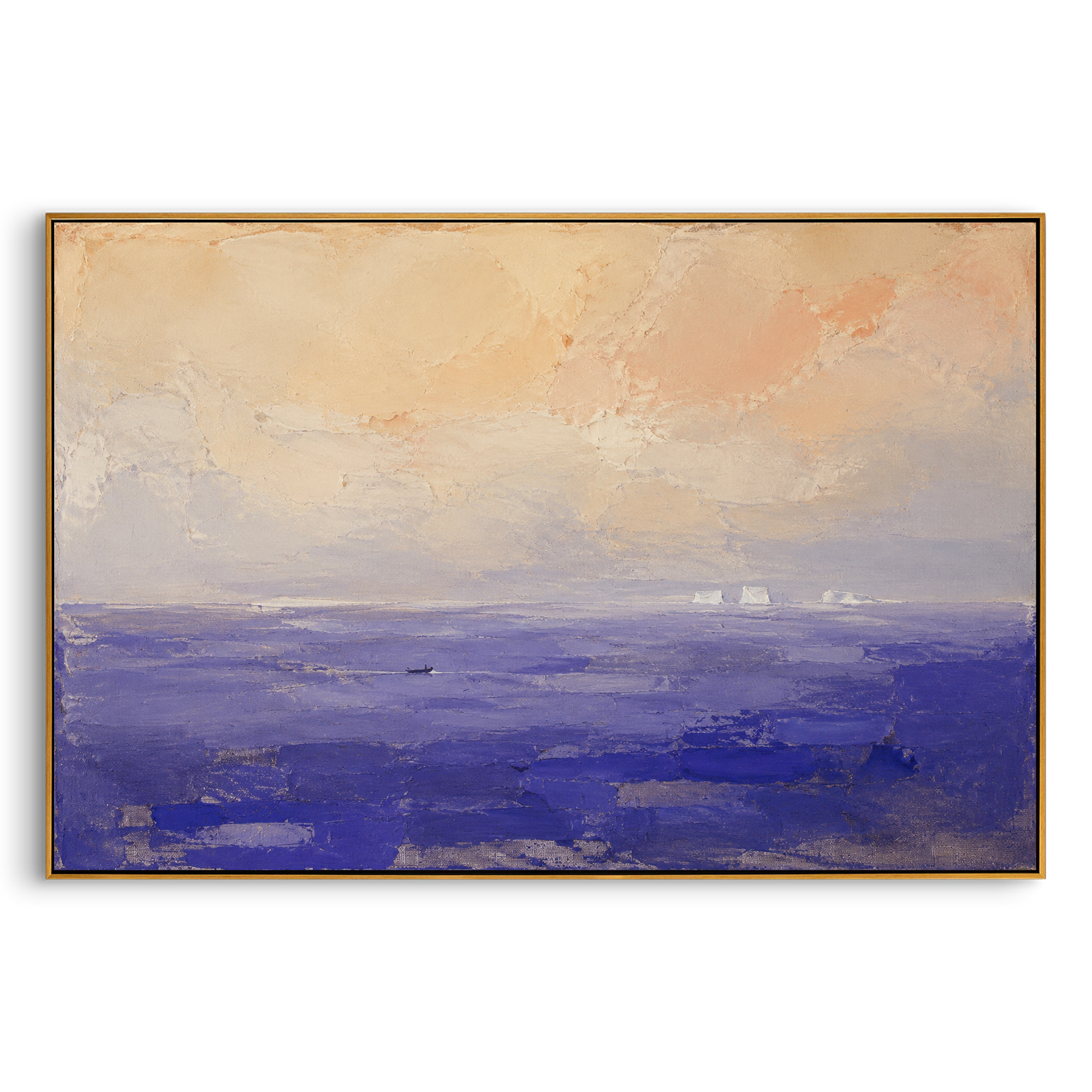 "Lotus Sea Of Forgetting" interprets the Lotus Eaters episode as a nearly empty seascape where stillness becomes temptation. The small boat is almost swallowed by blue water and soft pink light, as if the crew could forget the urgency of home in the beauty of the horizon. Instead of showing figures, the painting lets color and distance tell the story of delay, dream, and fragile memory. Its restrained impasto surface and open horizontal format bring a poetic Odyssey calm to bedrooms, living
