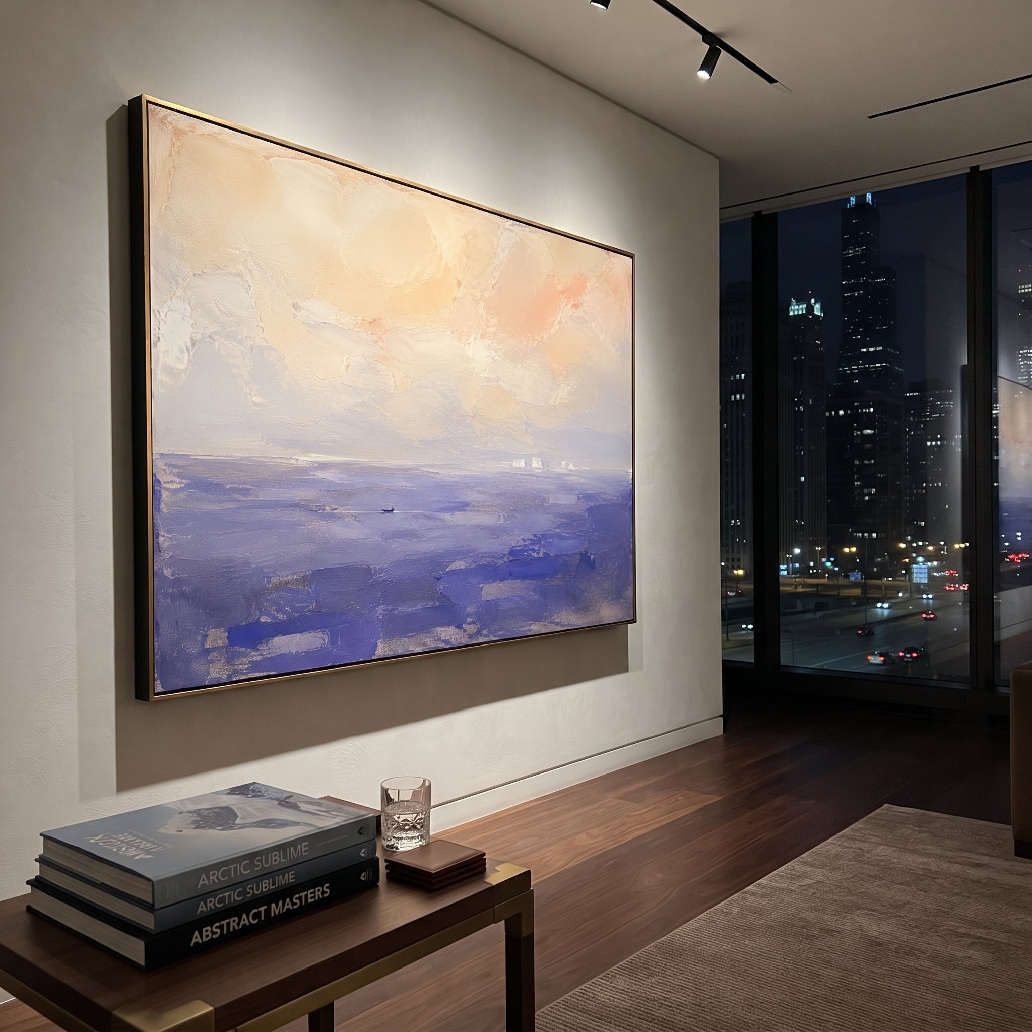 "Lotus Sea Of Forgetting" interprets the Lotus Eaters episode as a nearly empty seascape where stillness becomes temptation. The small boat is almost swallowed by blue water and soft pink light, as if the crew could forget the urgency of home in the beauty of the horizon. Instead of showing figures, the painting lets color and distance tell the story of delay, dream, and fragile memory. Its restrained impasto surface and open horizontal format bring a poetic Odyssey calm to bedrooms, living