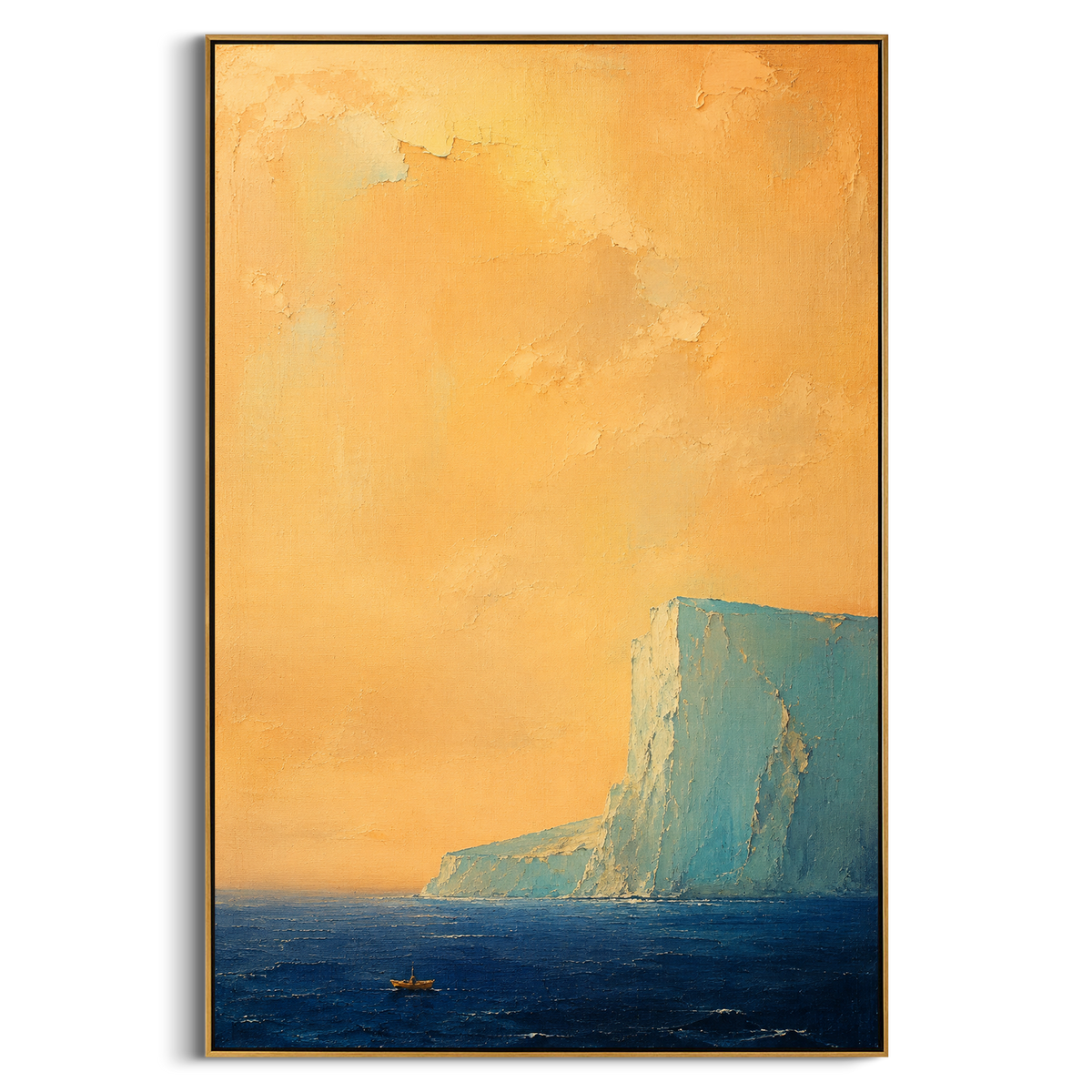 "Scylla Cliff At Golden Dusk" turns the monster passage of the Odyssey into an immense coastal wall of color. The boat is deliberately small, held low against the sea while the cliff rises like a living threat and the warm sky presses down with mythic heat. The painting does not need to show the creature directly; scale, silence, and the narrow route create the danger. Heavy impasto across the cliff face and glowing sky gives this vertical work a dramatic handmade presence for tall entry spaces