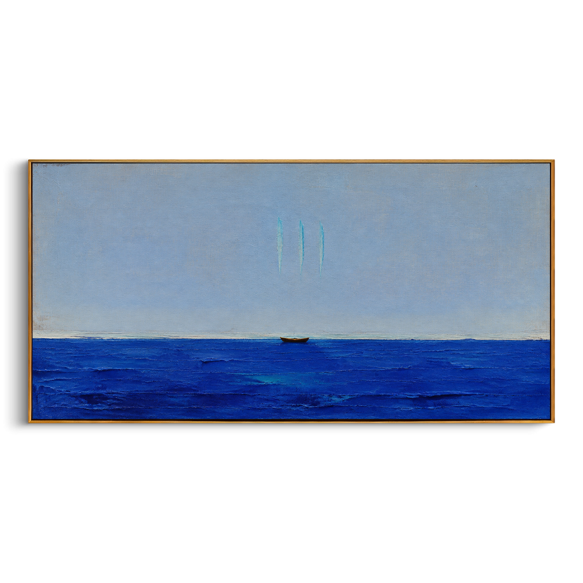 "Sirens Three Voices Above The Sea" interprets the Sirens as marks of sound rather than bodies. The boat sits low and vulnerable in a wide field of blue, while three slim turquoise traces hover overhead like voices that cannot be seen but cannot be ignored. The spare composition gives the episode a modern, almost meditative danger: beauty appears as distance, silence, and restraint. Built with thick horizontal sea texture and a calm sky, this panoramic artwork fits above sofas, beds, consoles