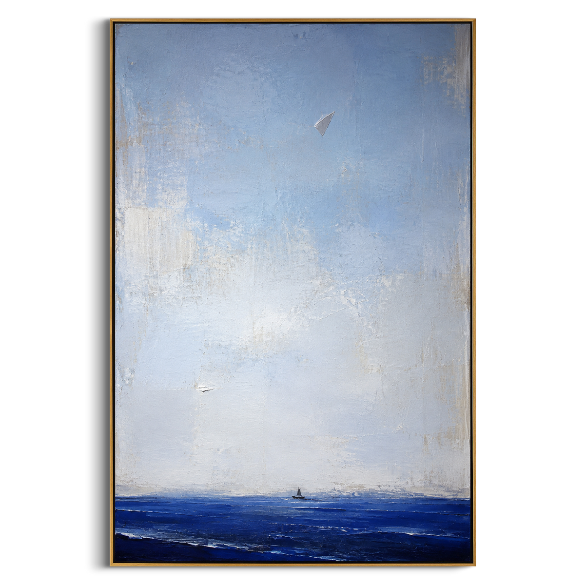 "Paper Omen Above The Homeward Sea" reads like a quiet message from Athena carried over the voyage. The little sail near the horizon suggests Odysseus still far from home, while the folded white form above feels like a sign, a map, or a prayer released into the sky. The image uses absence and scale to create emotion: most of the canvas is air, distance, and waiting. Layered blue and white impasto gives this vertical work a serene Odyssey mood for bedrooms, offices, quiet living rooms, beach