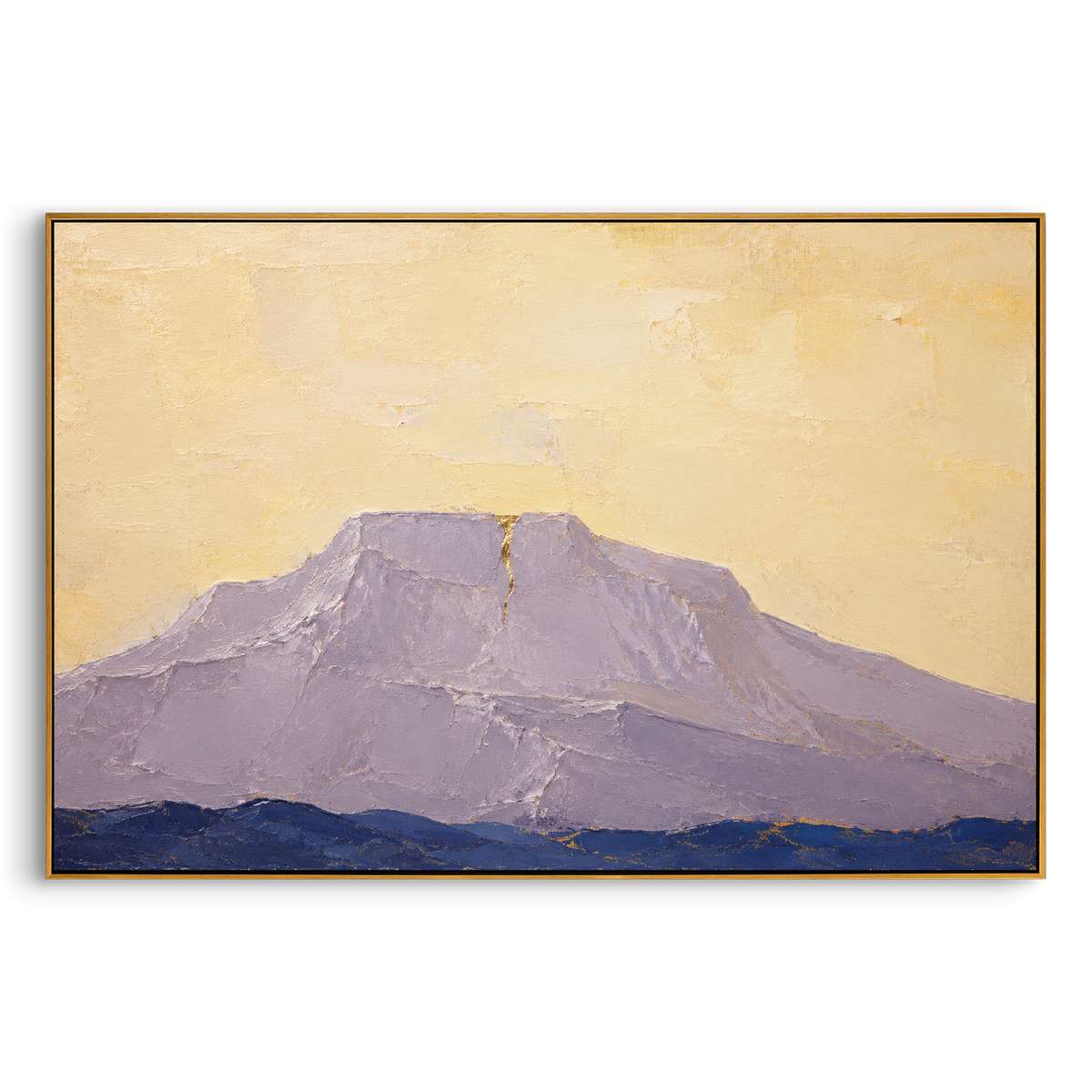 "Olympus Split By A Golden Omen" reads the mountain as a quiet threshold between mortal travel and divine judgment. The pale summit opens with a thin golden crack, as if a message from Olympus has entered the landscape before the next trial of the voyage. The soft yellow sky and violet stone keep the scene calm, while the central split gives it a charged mythic focus. Heavy palette-knife texture across the mountain face makes this horizontal work a refined Odyssey piece for living rooms