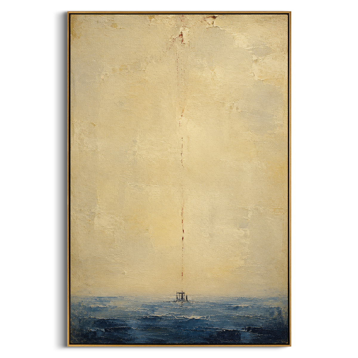 "Bloodline Above The Returning Raft" reduces the peril of Odysseus journey to a thin red mark falling toward the sea. The tiny structure at the horizon can read as a battered raft, a shrine, or the last fragile craft after shipwreck, while the red line suggests sacrifice, memory, and the cost of survival. The broad warm sky makes the mark feel ceremonial rather than violent, giving the image the gravity of an oath carried home. Its vertical format and heavy impasto surface bring a quiet mythic