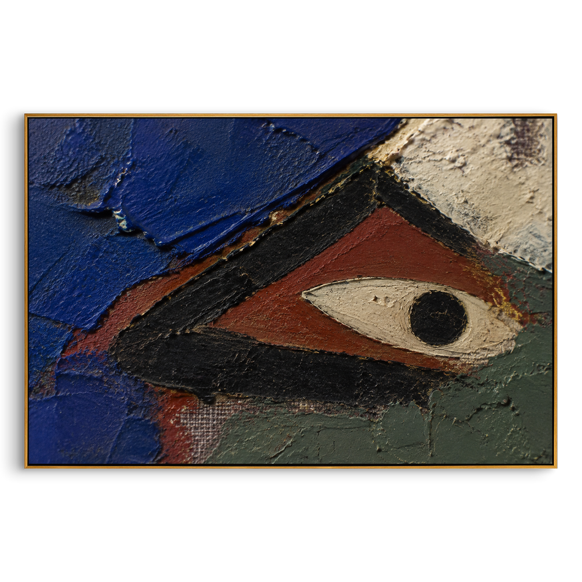 "Cyclops Eye In The Painted Cave" brings the Polyphemus episode into a bold abstract close-up. The single eye fills the composition like a watchful cave wall, with dark black paint, red earth, and deep blue slabs pressing around the pale oval center. The image feels primitive, protective, and dangerous, capturing the moment when the monster sees and is deceived. Its dense palette-knife surface makes this horizontal artwork a strong statement for living rooms, offices, bars, restaurants, and