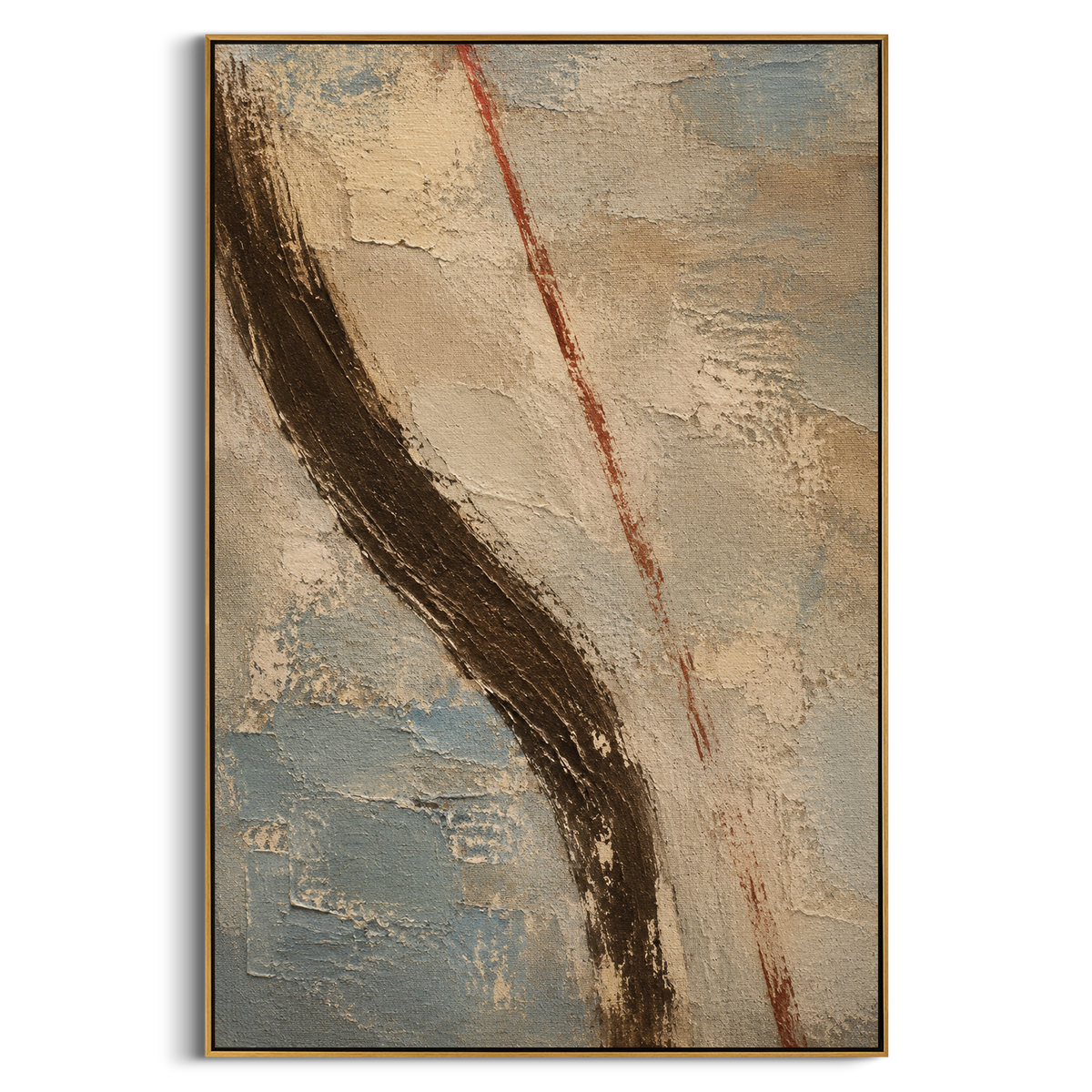 "Odysseus Bow And Red Trial Line" abstracts the bow contest into two decisive marks. The dark curve carries the weight of the weapon only Odysseus can command, while the red line cuts down the field like the path of an arrow or the final test of identity. The surrounding plaster is weathered and quiet, making the few marks feel ceremonial and exact. This vertical artwork brings a restrained Homeric drama to entryways, studies, bedrooms, offices, and minimalist interiors that need story without