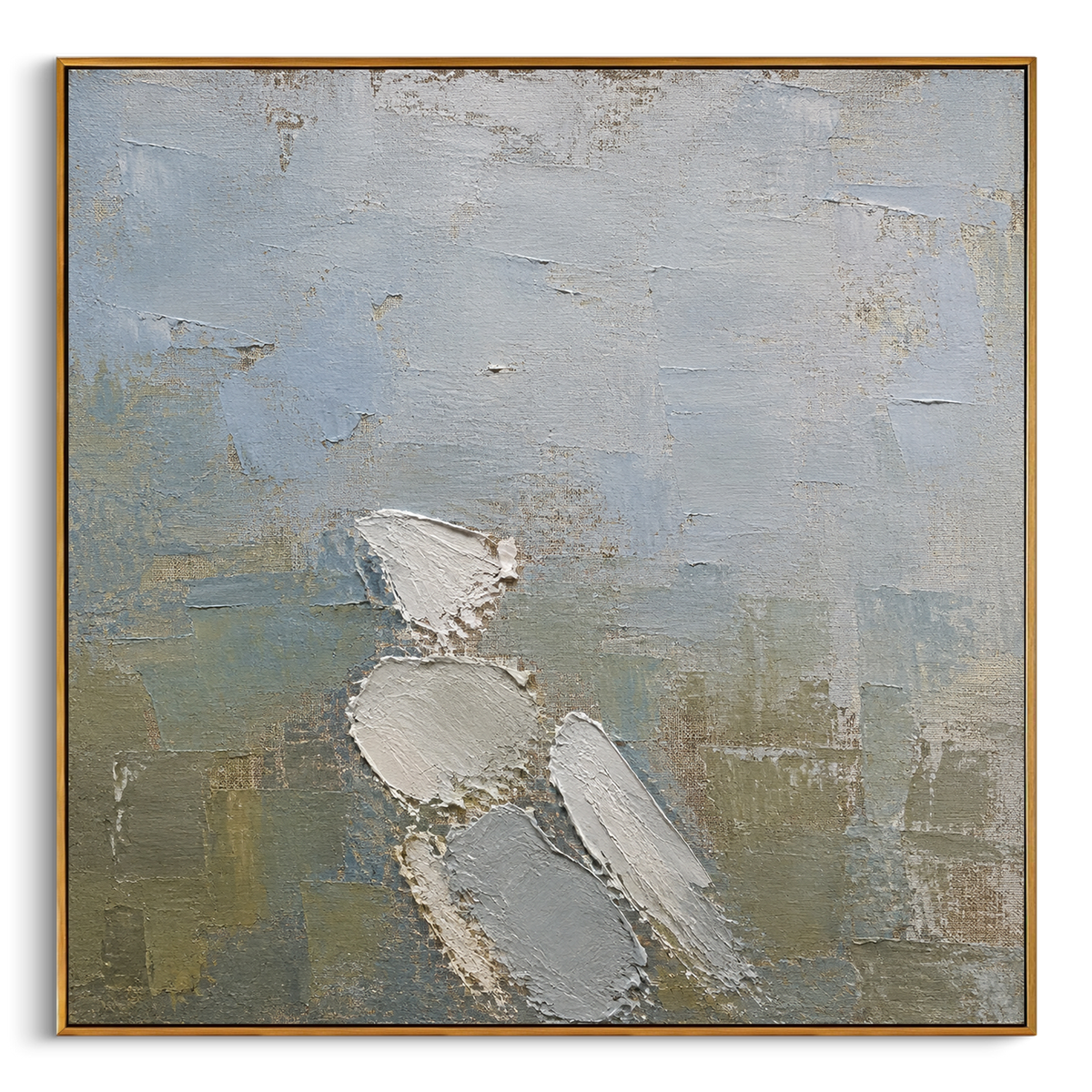 "Fallen Wing Of Hermes" imagines the messenger god presence through a broken white wing, as if a sign has fallen out of the sky onto the route home. The soft blue-grey ground and olive lower field make the fragment feel quiet, weathered, and sacred, carrying the Odyssey themes of guidance, delay, and fragile passage in a minimalist square composition.