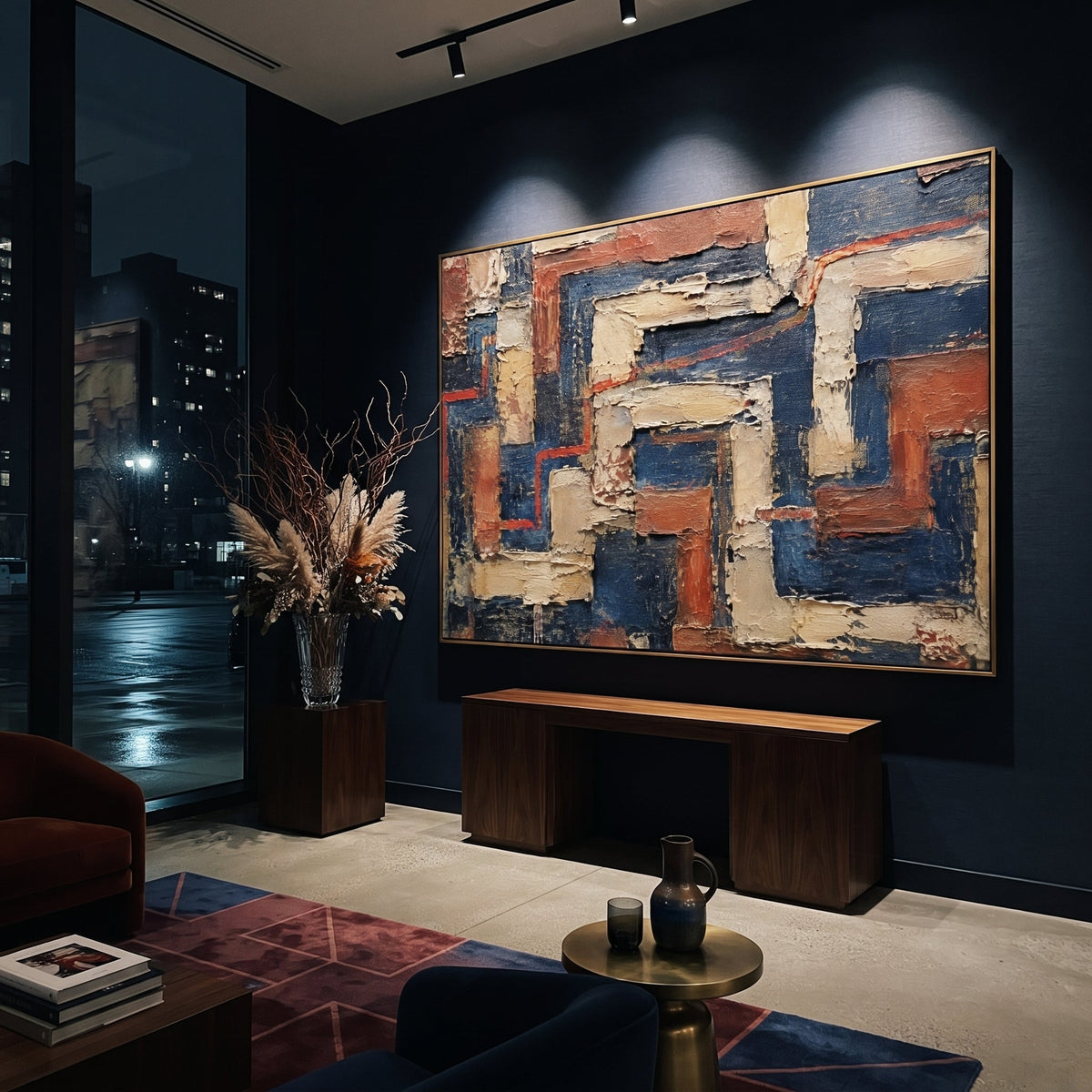 "Dark Labyrinth Of The Homeward Trial" turns the homeward journey into a maze of walls and blocked passages. The broken red route moves through dark blue chambers and raised beige forms, suggesting every choice Odysseus faces before Ithaca can be reached. Its aged impasto surface reads like a recovered palace floor or weathered mythic map.