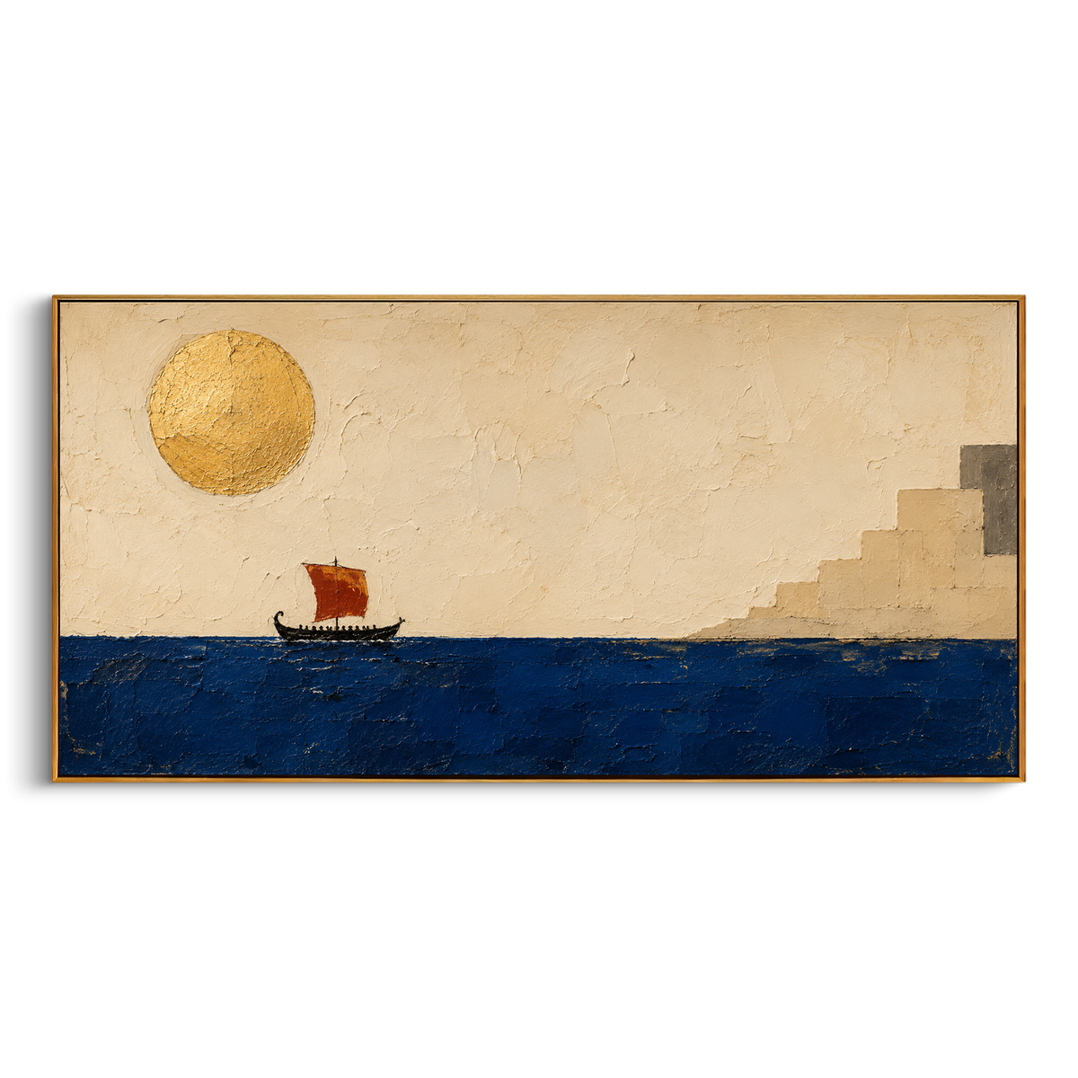 "Red Sail Approaching Ithaca" sets the homecoming as a bright but watchful arrival. The boat moves toward stepped white buildings while the enormous sun hangs like Helios witness over the sea. Heavy blue and gold texture gives the scene warmth, distance, and ceremonial expectation.