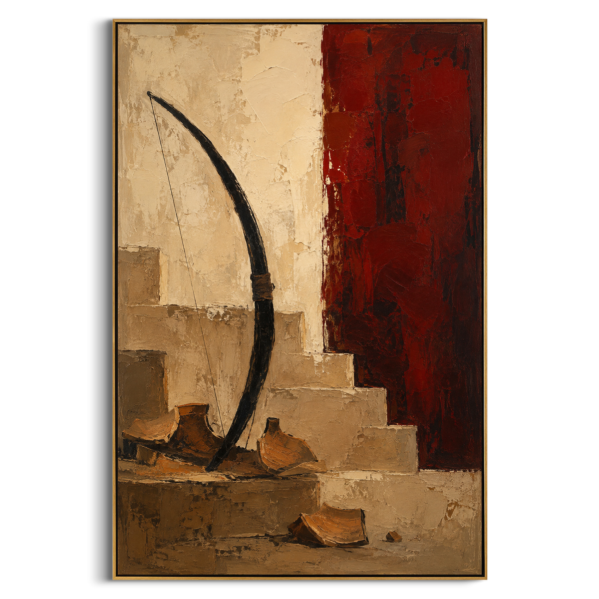 "Bow Of Odysseus Beside The Red Wall" shows the weapon of recognition as a sacred object in an empty room. The curved bow rises beside shattered clay and red plaster, suggesting the test that separates suitors from the true king and turns a household back into a home.