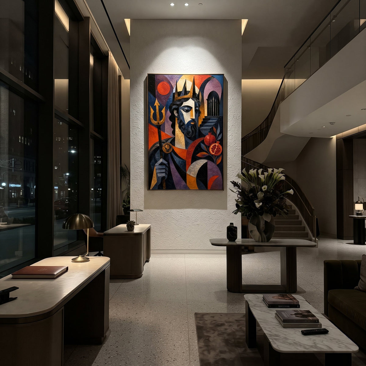 "Poseidon With Pomegranate And Trident" presents the sea god as ruler, obstacle, and judge. The trident anchors his power, the pomegranate suggests underworld debt and ancient vows, and the angular face watches the viewer with stern authority. Rich impasto color gives the portrait a monumental Odyssey presence.