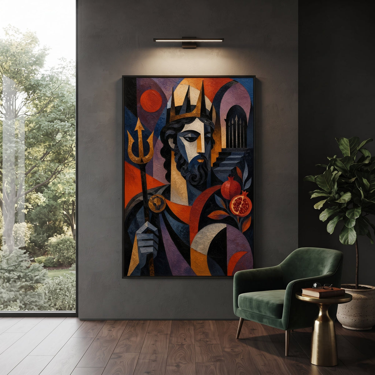 "Poseidon With Pomegranate And Trident" presents the sea god as ruler, obstacle, and judge. The trident anchors his power, the pomegranate suggests underworld debt and ancient vows, and the angular face watches the viewer with stern authority. Rich impasto color gives the portrait a monumental Odyssey presence.