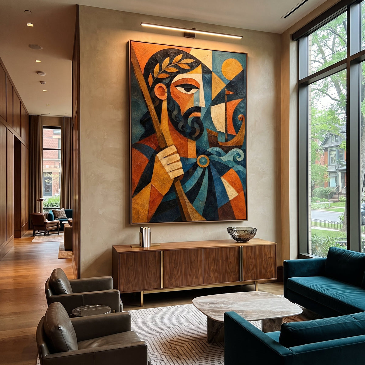 "Odysseus With The Red Sail" turns the hero into a modern icon of endurance. The boat and waves gather beside his face, while the laurel and gold sun suggest victory earned only after exile, trial, and return. Strong geometric color gives the figure a ceremonial Odyssey presence.