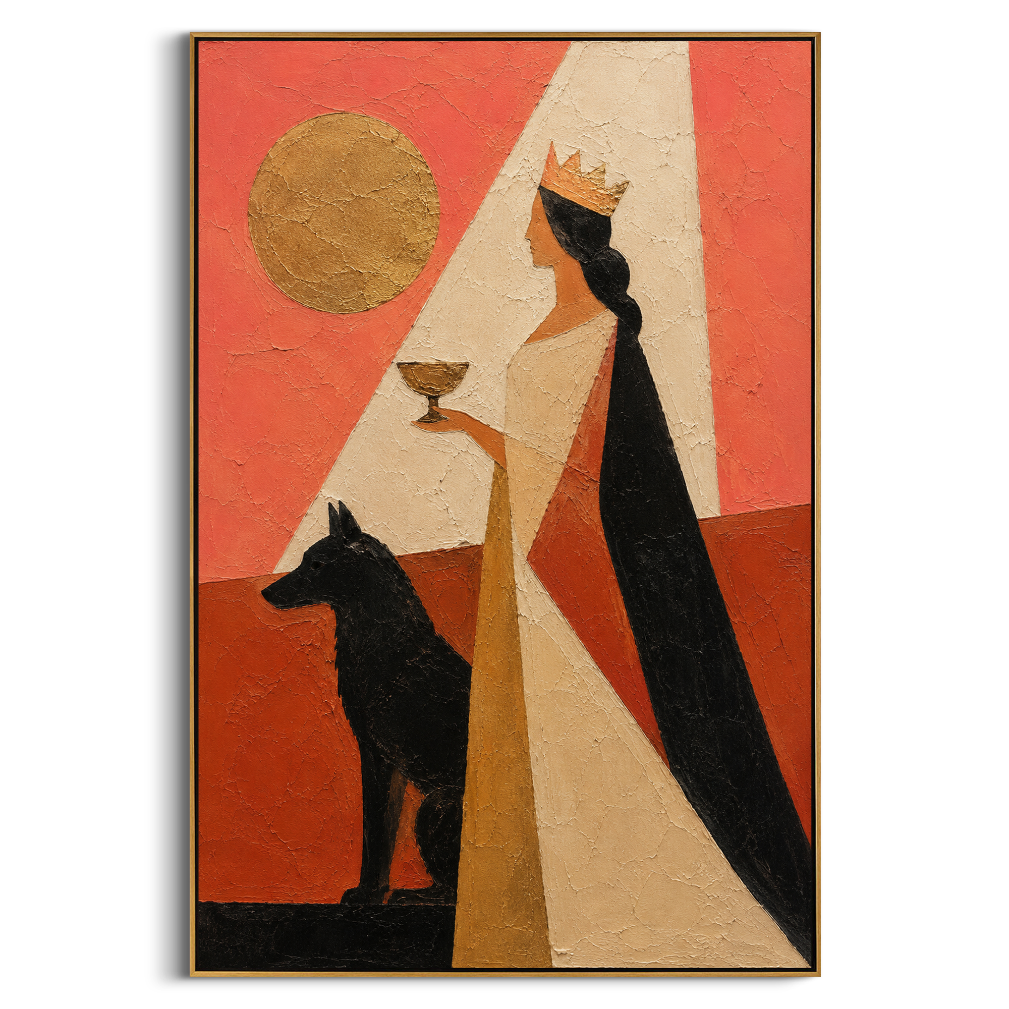 A crowned figure lifts a small cup while a dark hound waits at her side. The stark coral ground and pale doorway make the moment feel like a threshold between feast, oath, and underworld silence.