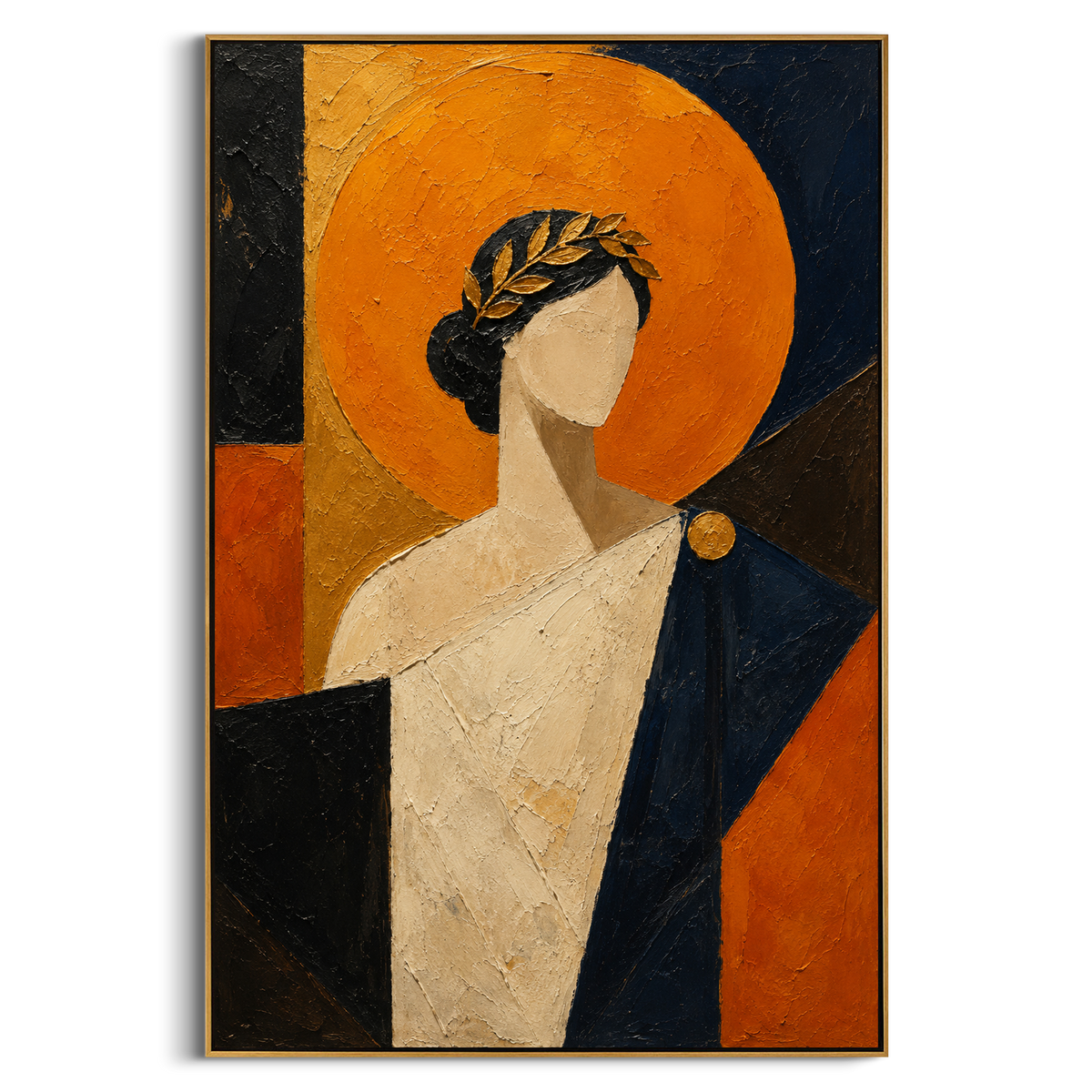 A quiet laureled figure stands before an orange sun like a verdict. The bare face keeps the myth open, turning the portrait into a memory of honor, exile, and return.