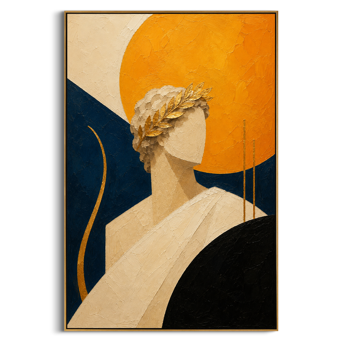 A pale head rises against a golden disc while blue and black arcs press around the figure. It reads like Apollo's distant light touching a traveler who still cannot see the road ahead.