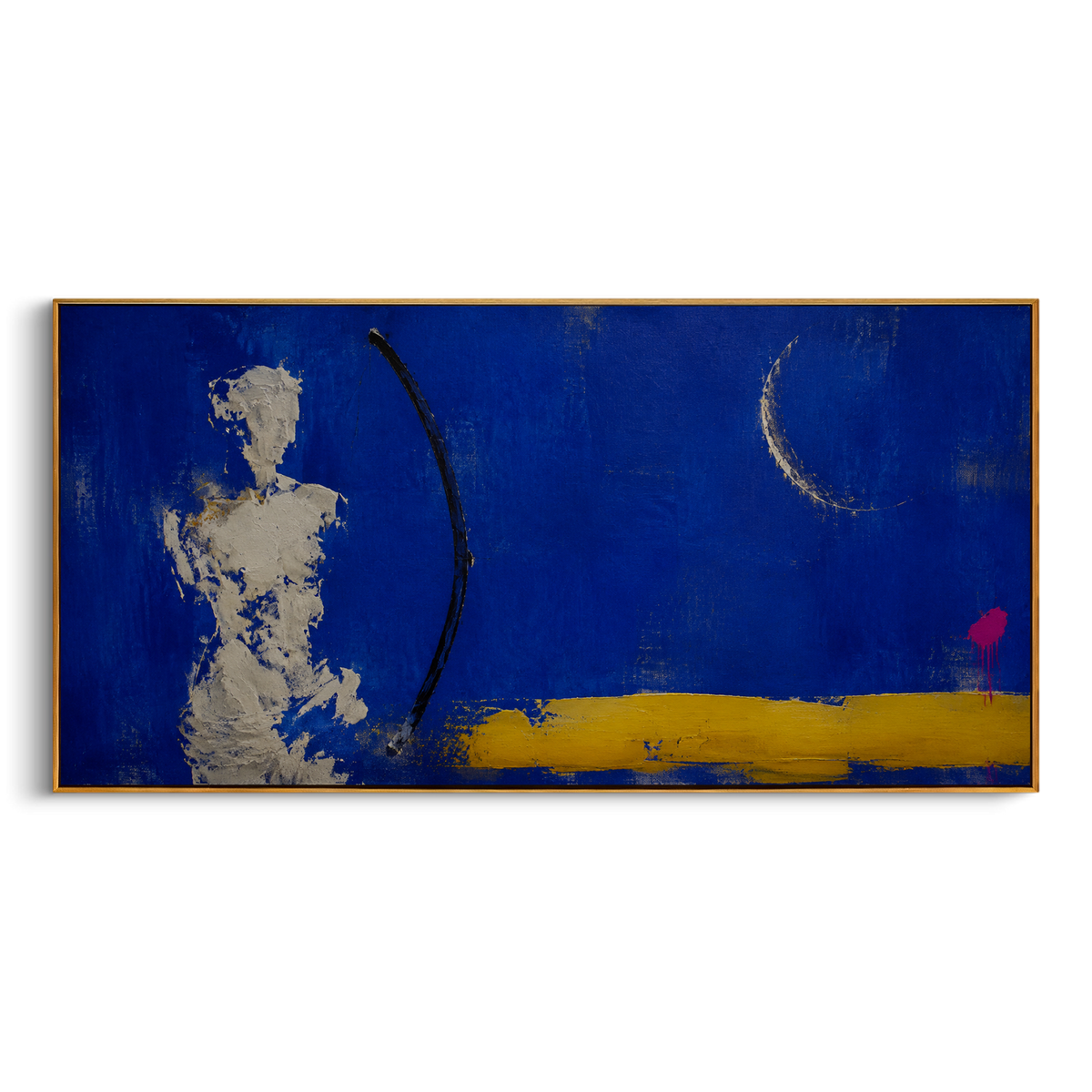 A solitary archer waits beneath a crescent in a field of deep blue. The thin bow and low yellow ground make the scene feel like a vow held through the long night.