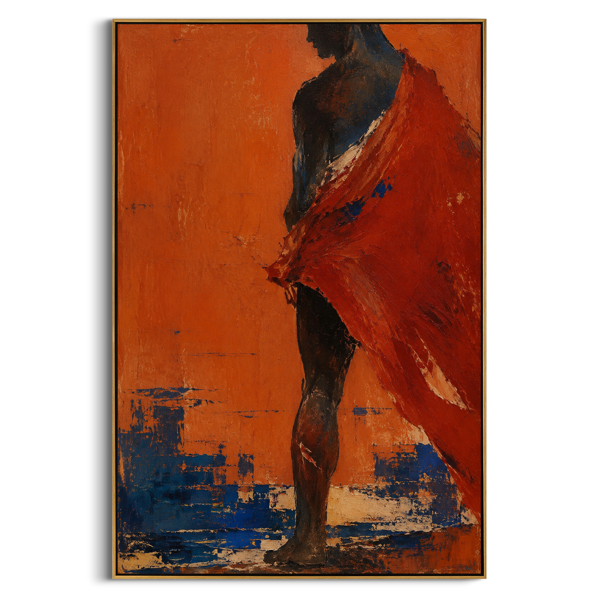 A red cloak whips across a dark body as if caught by wind from the sea. The spare orange field turns the figure into a traveler stepping through heat, pride, and danger.