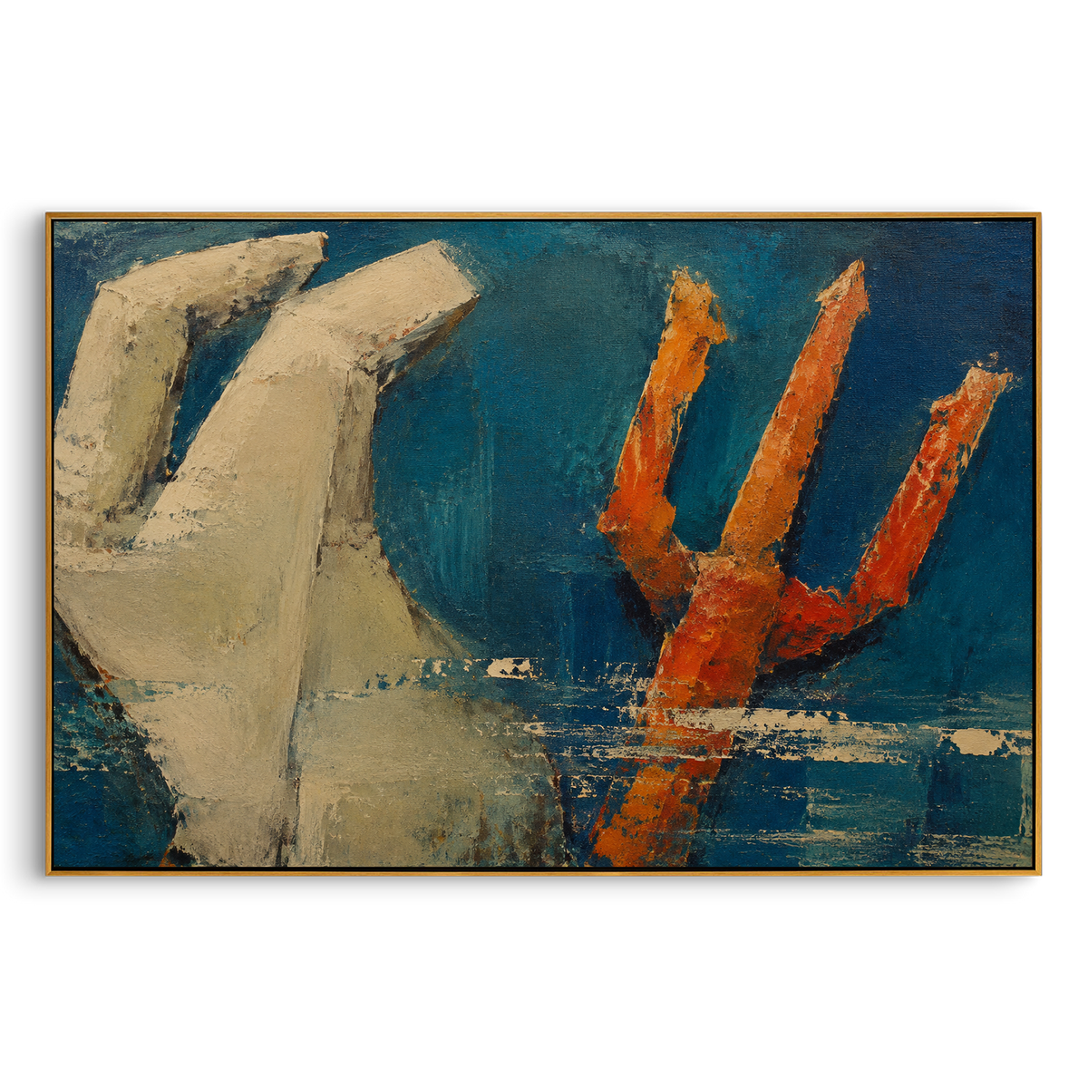 A pale ship holds its ground while a red trident rises from the water. The composition turns Poseidon's threat into a direct confrontation between voyage and divine force.