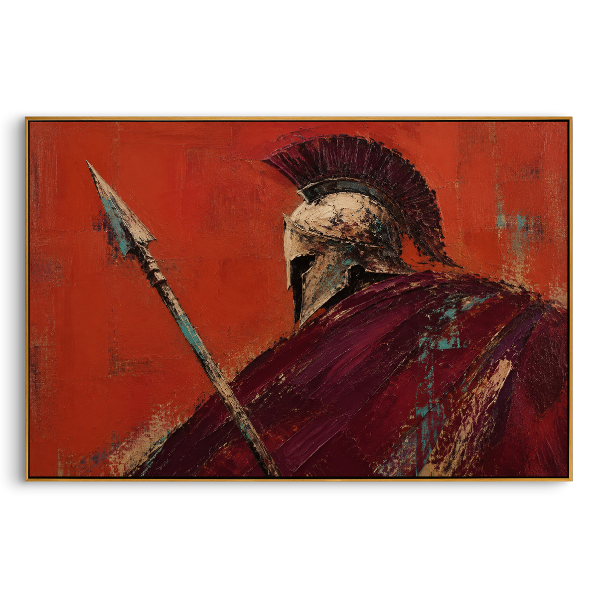 A warrior turns behind his spear, half hidden by a heavy cloak. The red ground makes the moment feel like the breath before battle, when courage is still private.