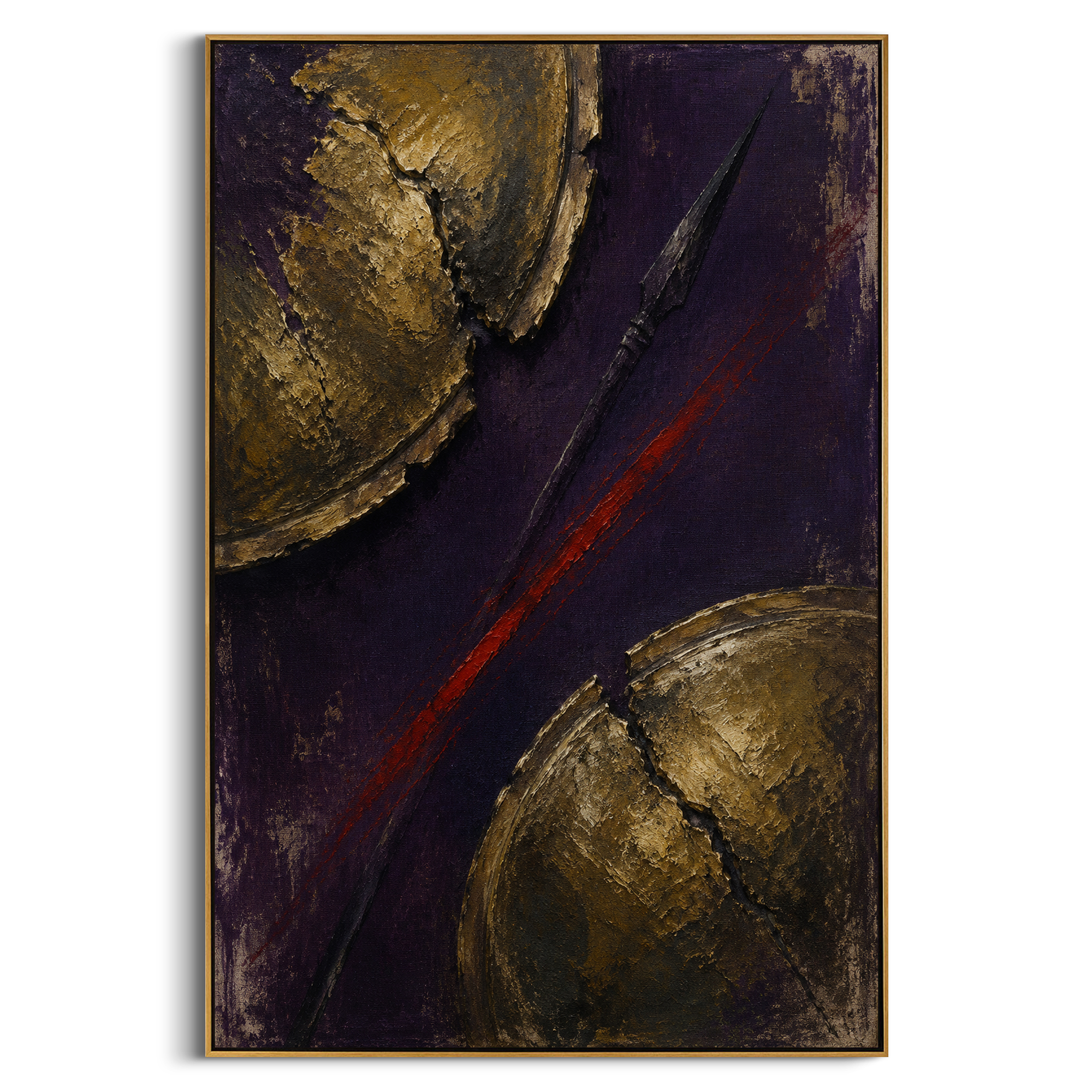 A battered red banner hangs beside bronze shields like a shrine to battles already paid for. The empty red field gives the armor a ceremonial stillness.