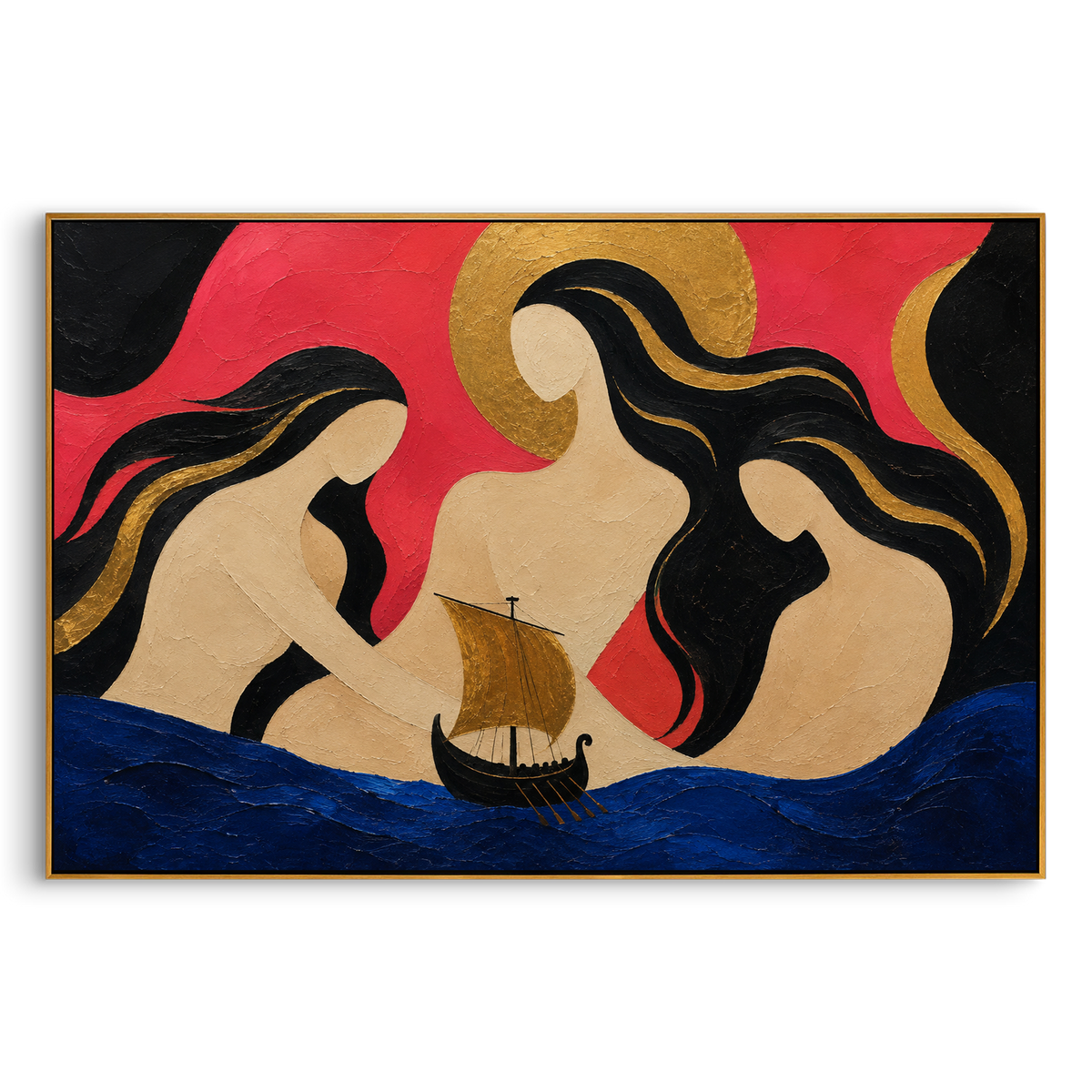 Three sirens bend around a black ship as if the sea itself has become a song. Their hair and halos pull the voyage forward with beauty that feels dangerous.