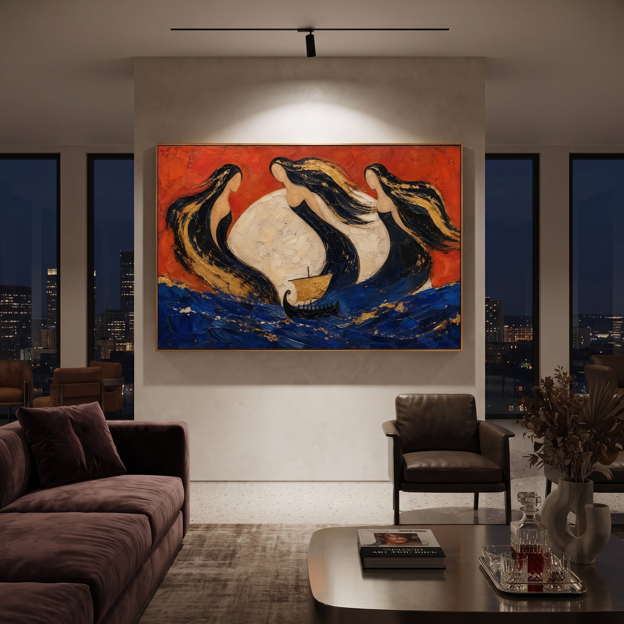 The sirens gather around a white moon of light while a small ship pushes through blue water. The red sky makes their song feel warm, beautiful, and dangerous.