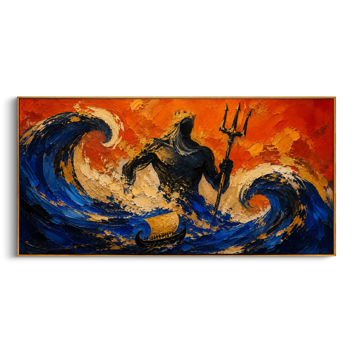 Poseidon rises inside a storm of blue waves while the ship below seems almost swallowed. The orange sky makes the sea feel angry, theatrical, and alive.