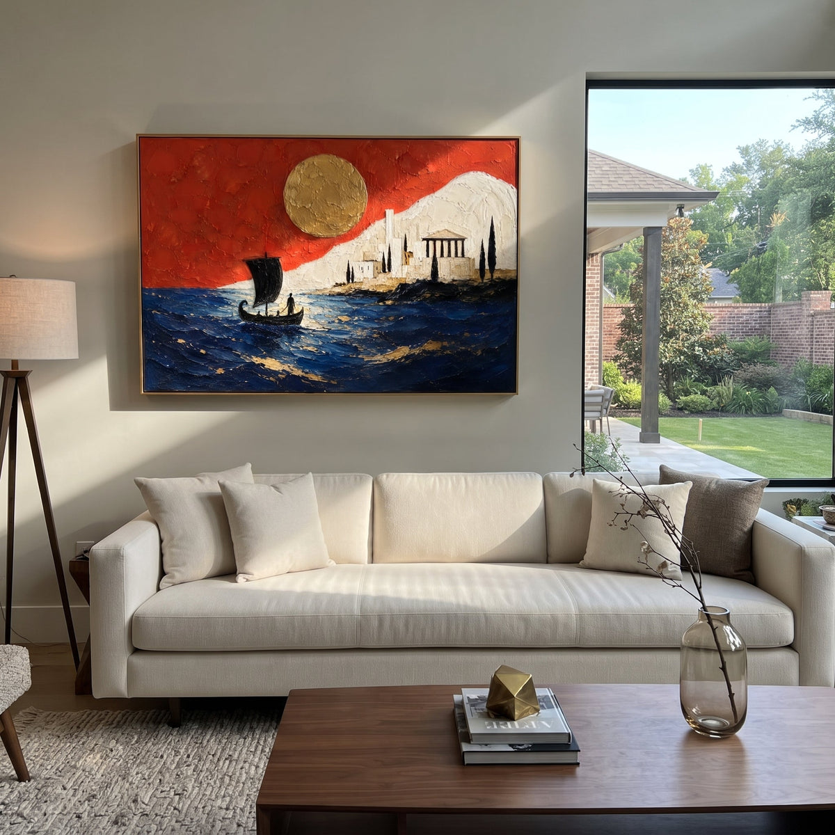 A black sail approaches a white island city under a red sky. The golden sun reads like a long-awaited sign, turning arrival into something both peaceful and fated.