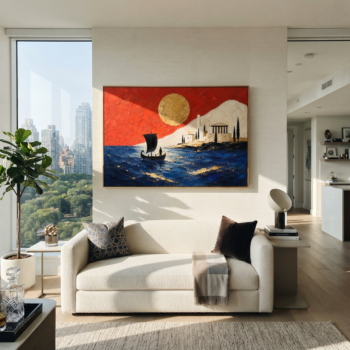 A black sail approaches a white island city under a red sky. The golden sun reads like a long-awaited sign, turning arrival into something both peaceful and fated.