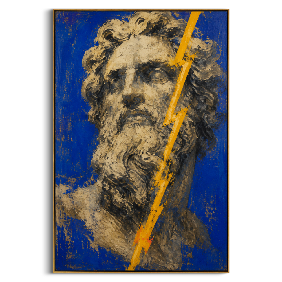 Zeus stares out from a field of blue as lightning cuts across his face. The image carries command without motion, as if divine anger has become stone and light.