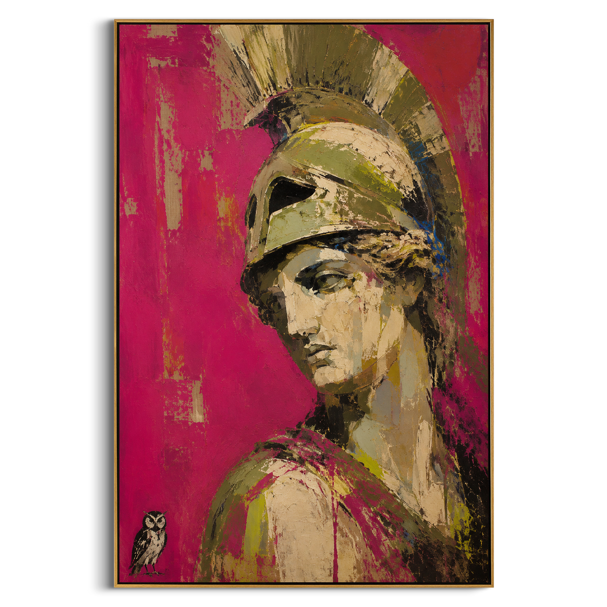 Athena turns from a bright rose field while the owl below holds the quiet intelligence of the scene. The portrait feels watchful, ceremonial, and unexpectedly intimate.