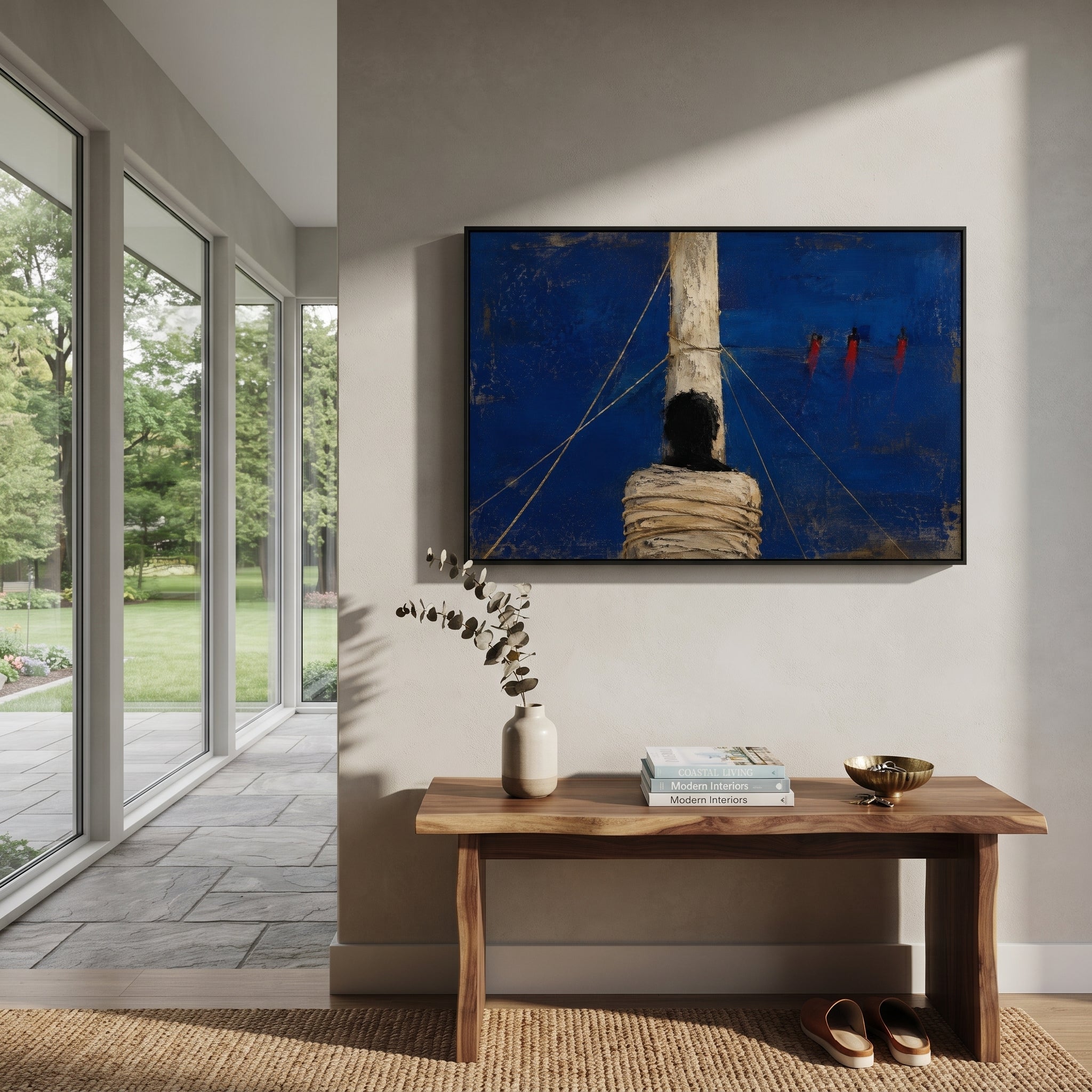 Ropes tighten around a white mast while red shapes hover in the blue distance. The image recalls the moment of resisting the sirens, where restraint becomes survival.