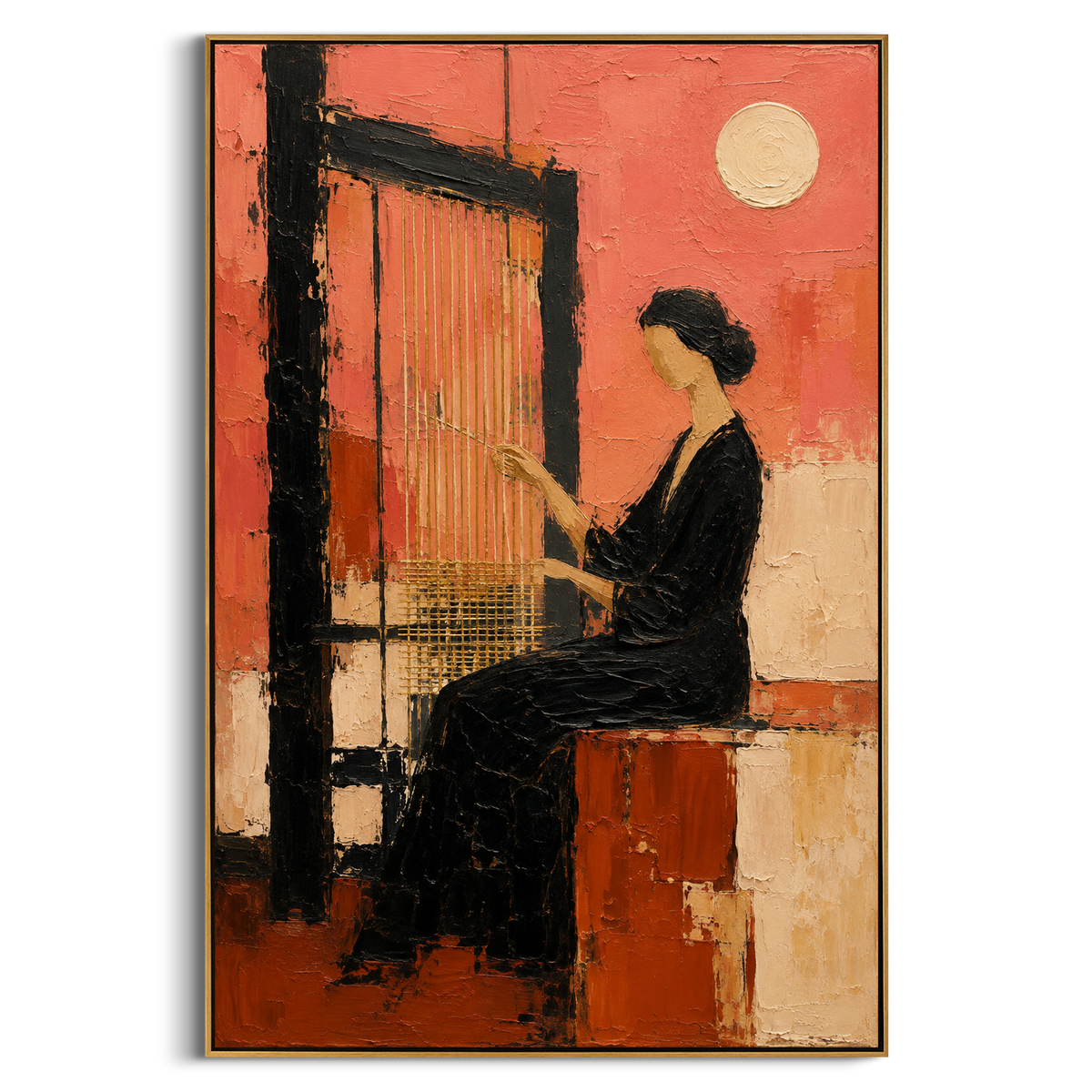 A woman works the loom beneath a pale moon, each thread holding back the night. The scene turns Penelope's patience into architecture, quiet but stronger than the room around her.