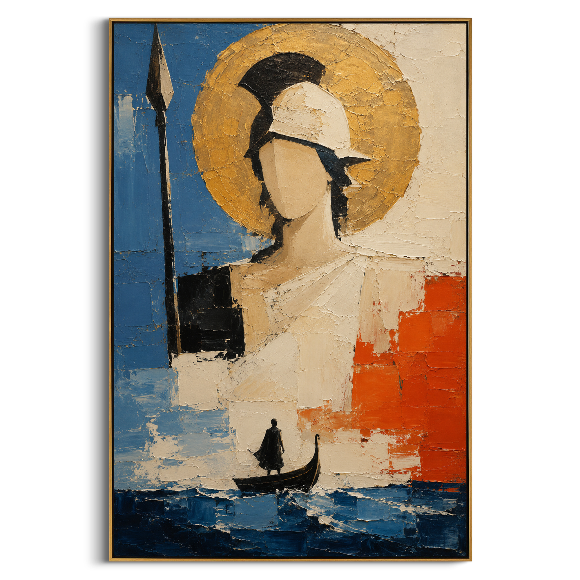 A traveler approaches a giant Athena-like figure across blue water. The small boat and towering guardian turn arrival into a sacred audience at the gate of wisdom.