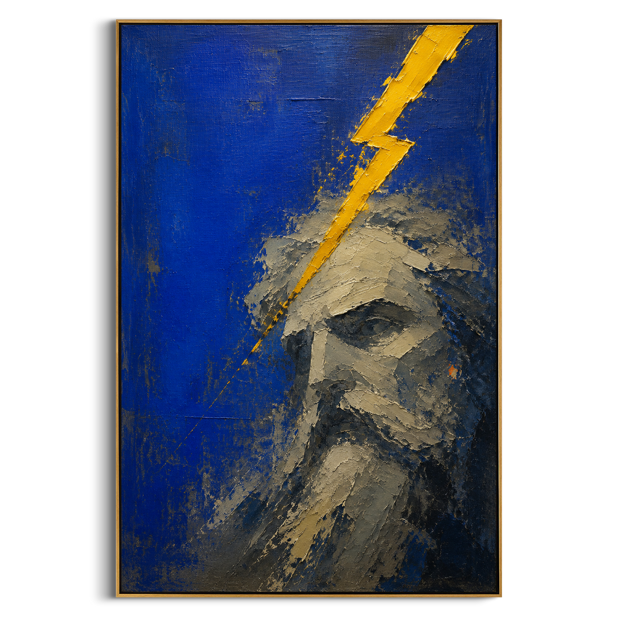 A golden bolt strikes through a weathered divine face. The blue field leaves no distraction, only the force of command passing through stone, age, and silence.