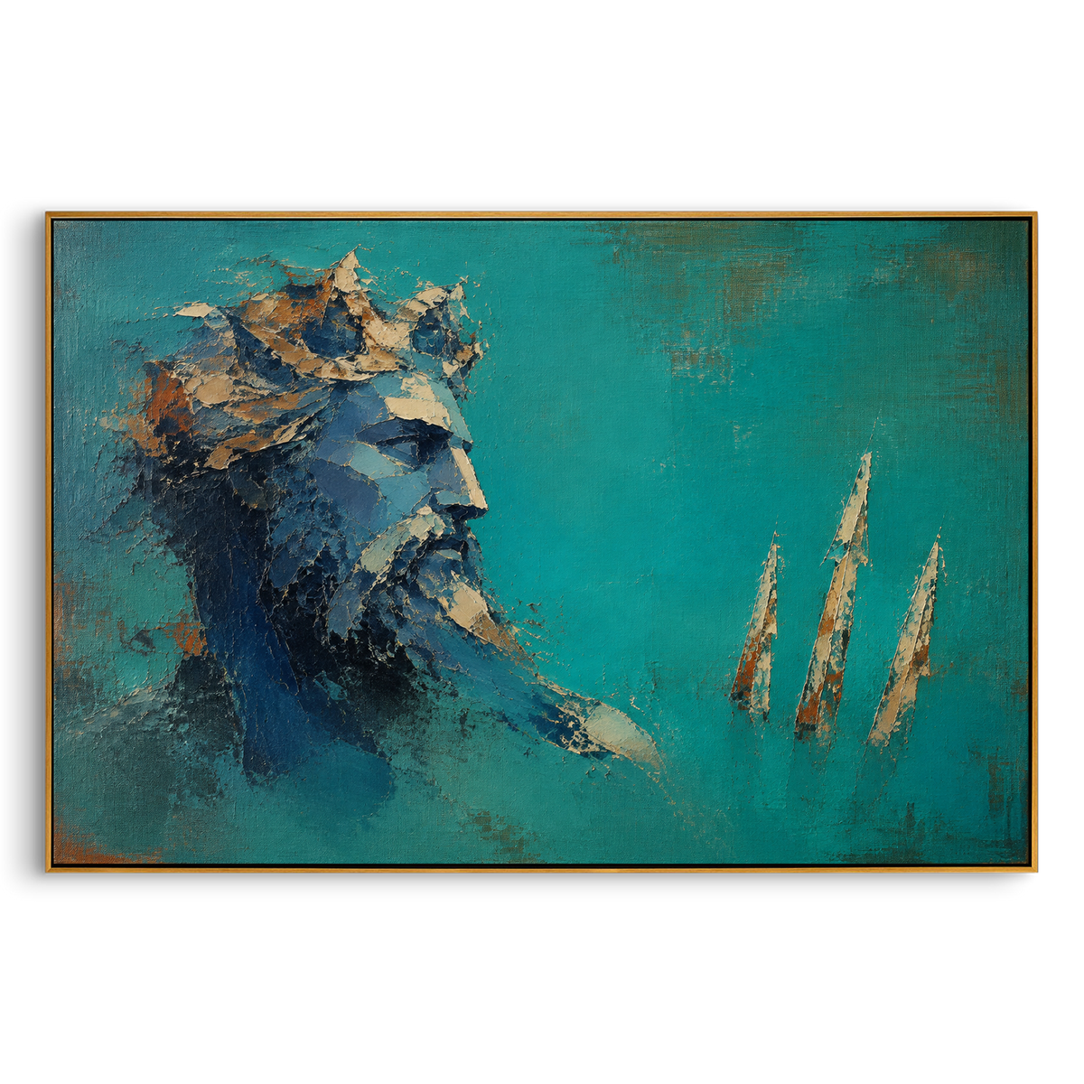A weathered sea god watches three pale sails move across the turquoise distance. The quiet spacing makes the voyage feel watched by a power older than the ships themselves.