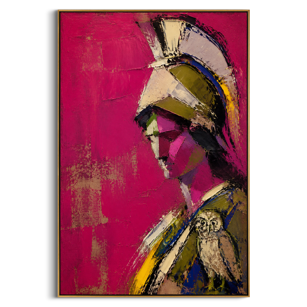 Athena appears in profile against a bright magenta field, the owl resting close like a seal of wisdom. The portrait feels sharp, private, and ceremonial.