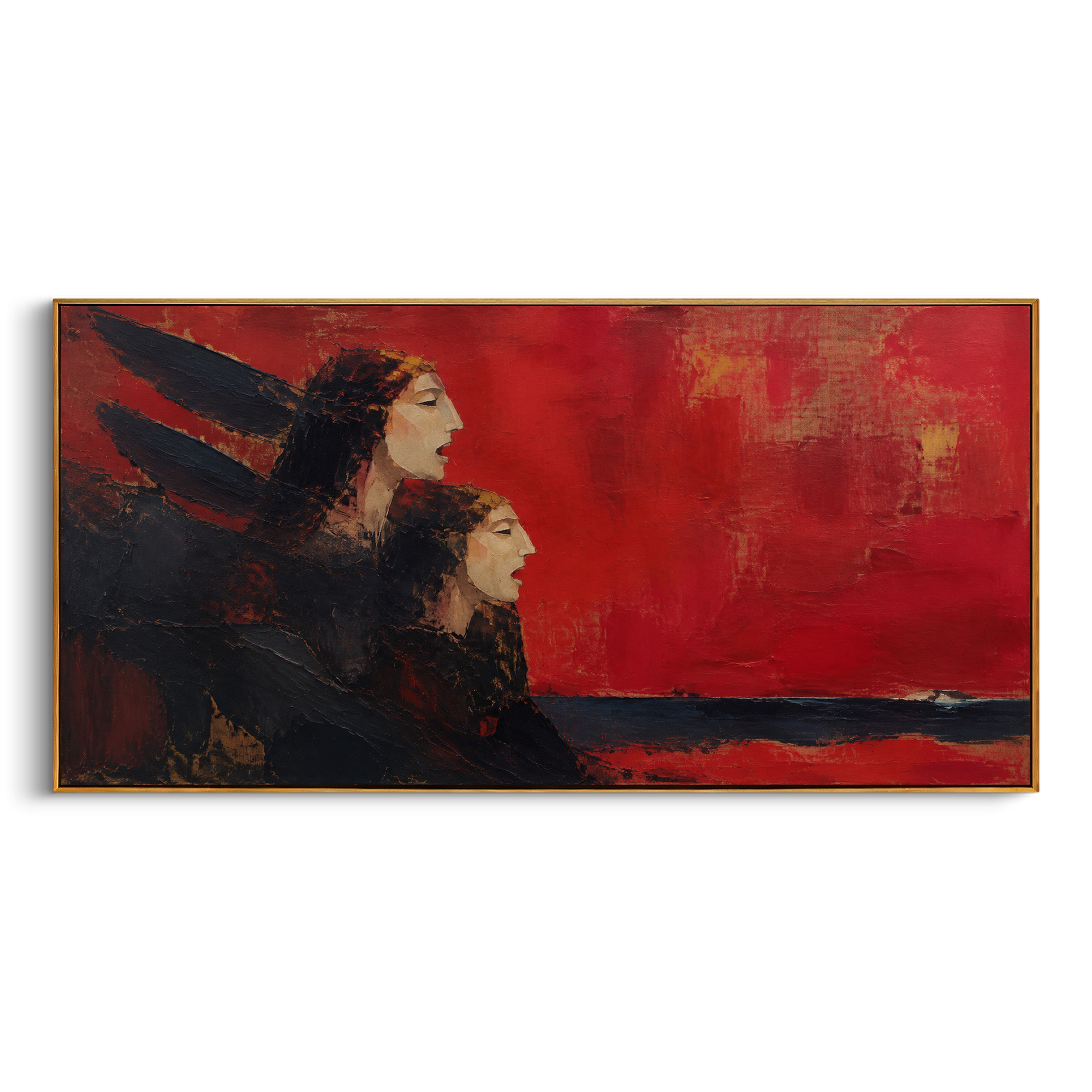 Two dark sirens call into a wide red sky while a small island waits far away. The image stretches temptation across distance, making the song feel almost unreachable.