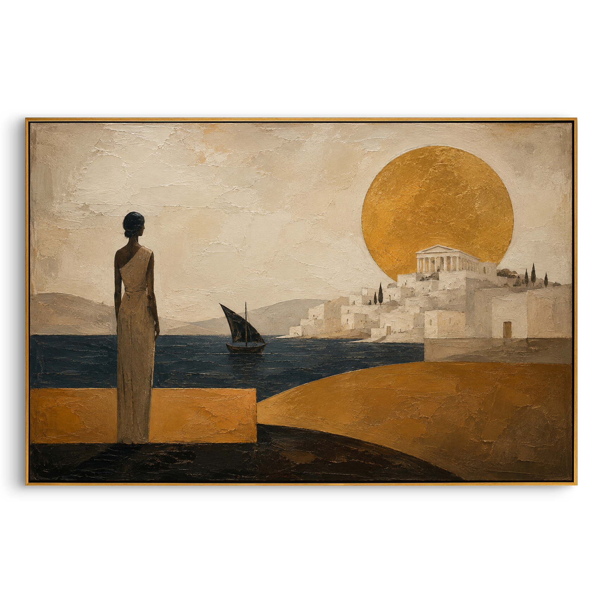 A woman stands on the shore watching a black sail before a white city and golden sun. The stillness makes the arrival feel awaited for years.